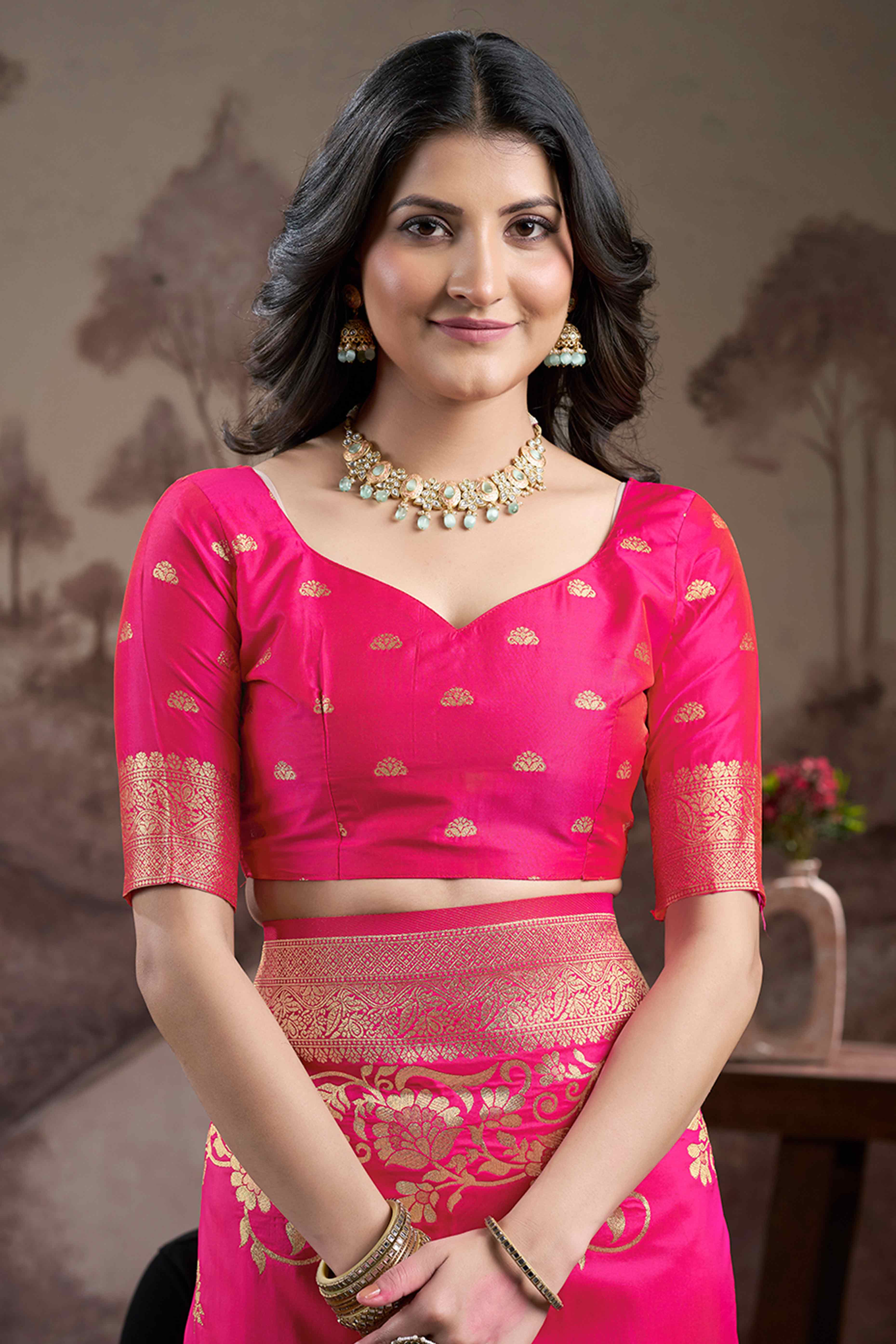 Pink Floral Woven Jacquard Silk Saree