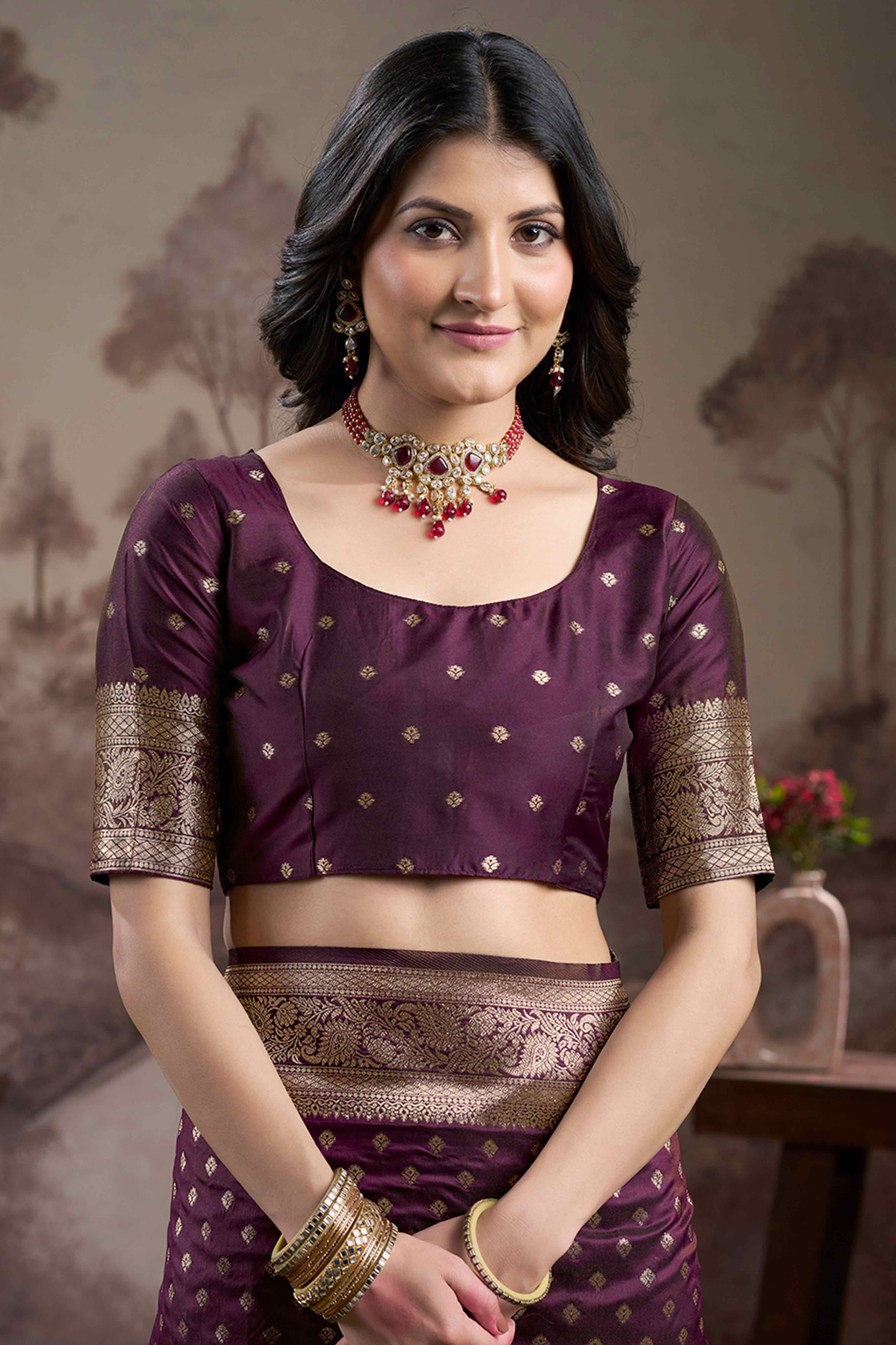 Dark Wine Floral Woven Jacquard Silk Saree