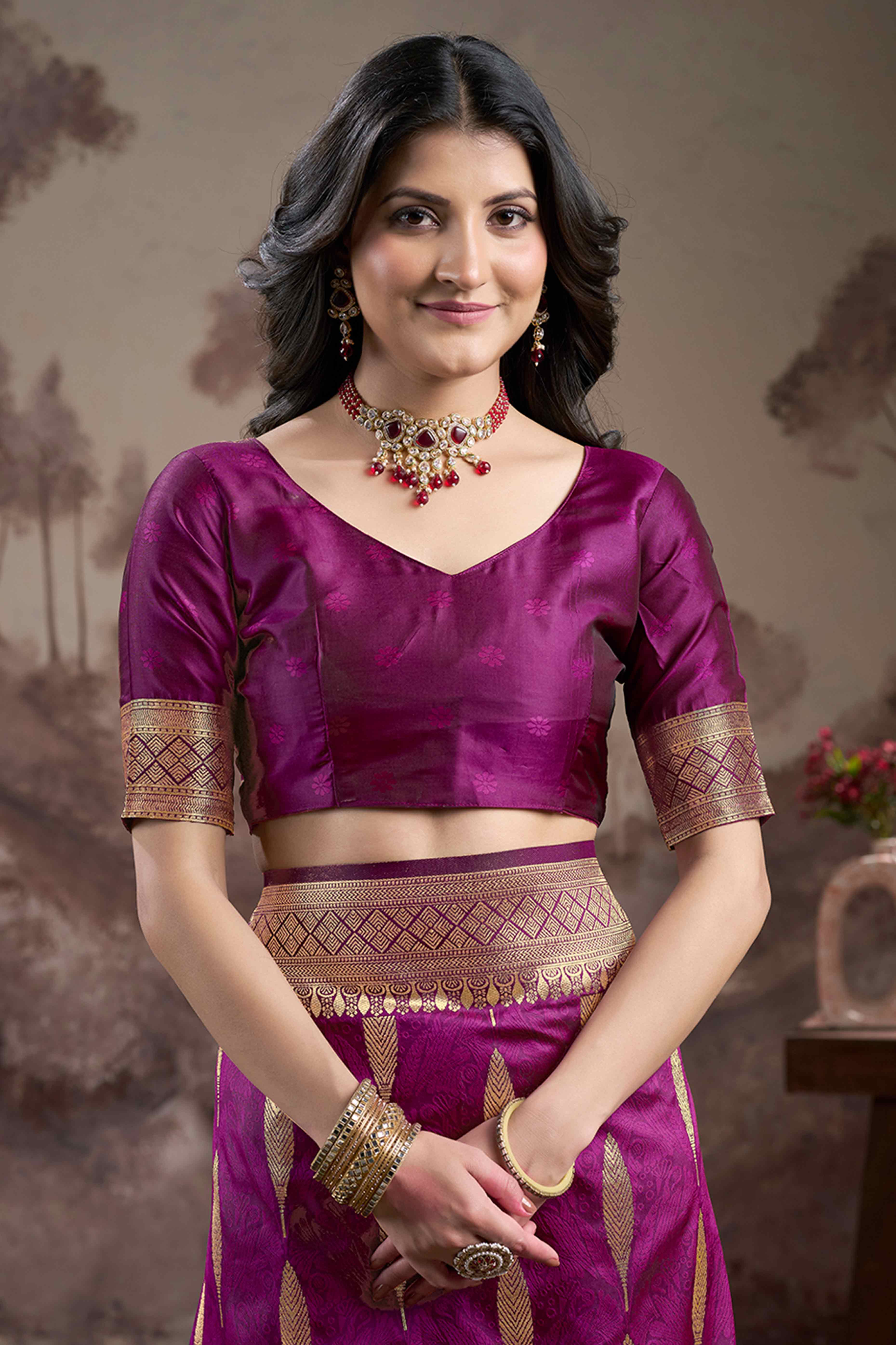 Purple Floral Woven Jacquard Silk Saree