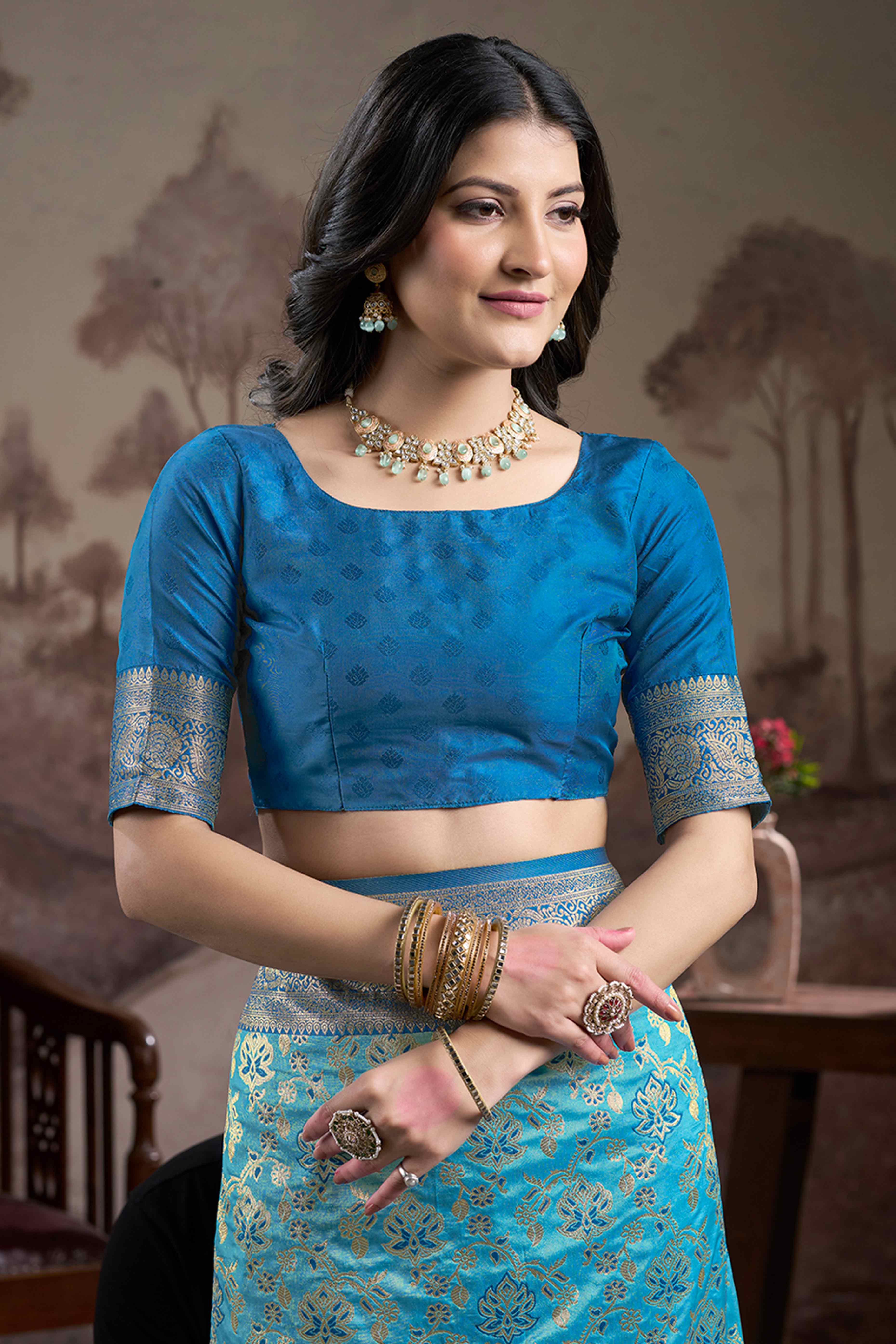 Blue Floral Woven Jacquard Silk Saree
