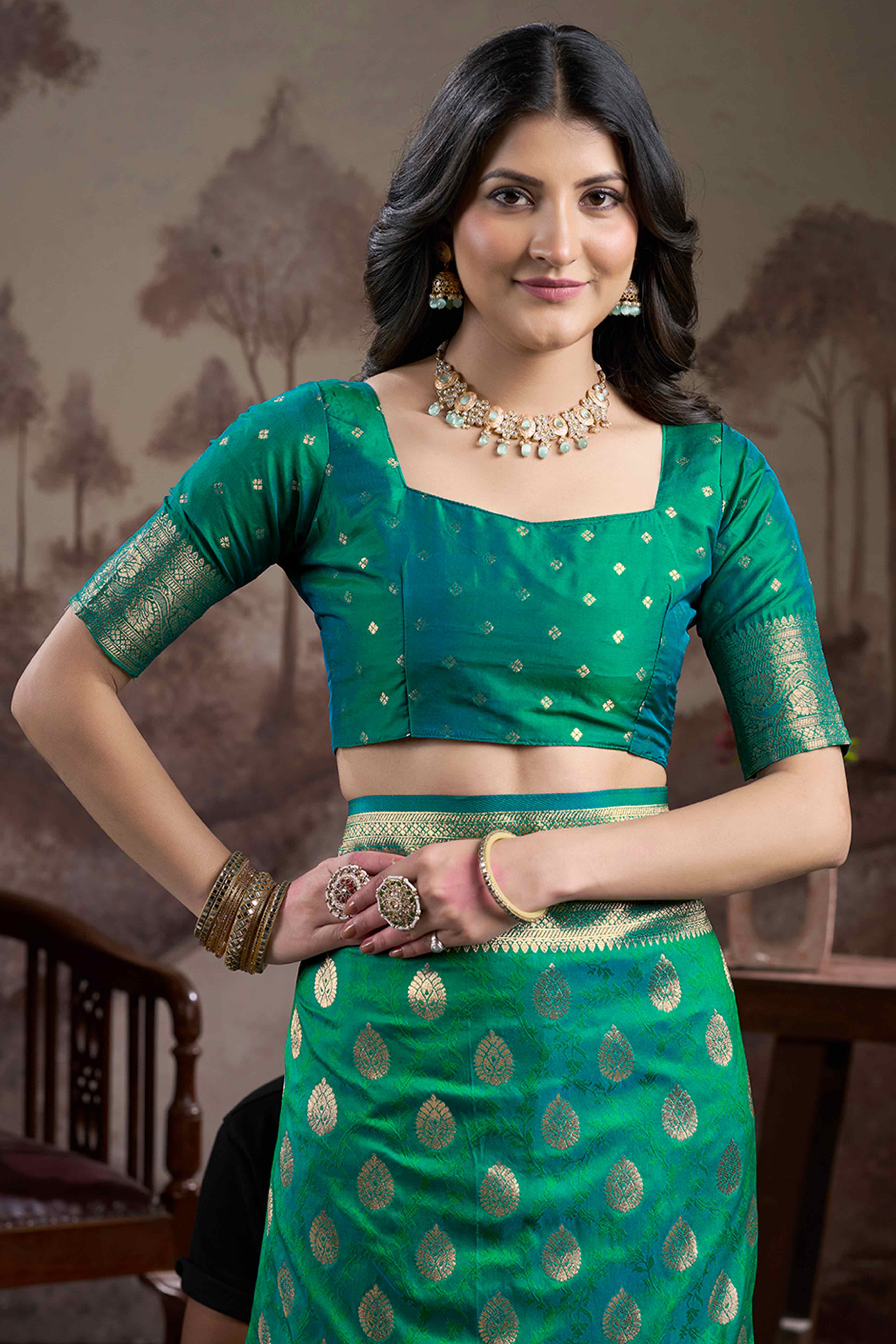 Rama Green Floral Woven Jacquard Silk Saree