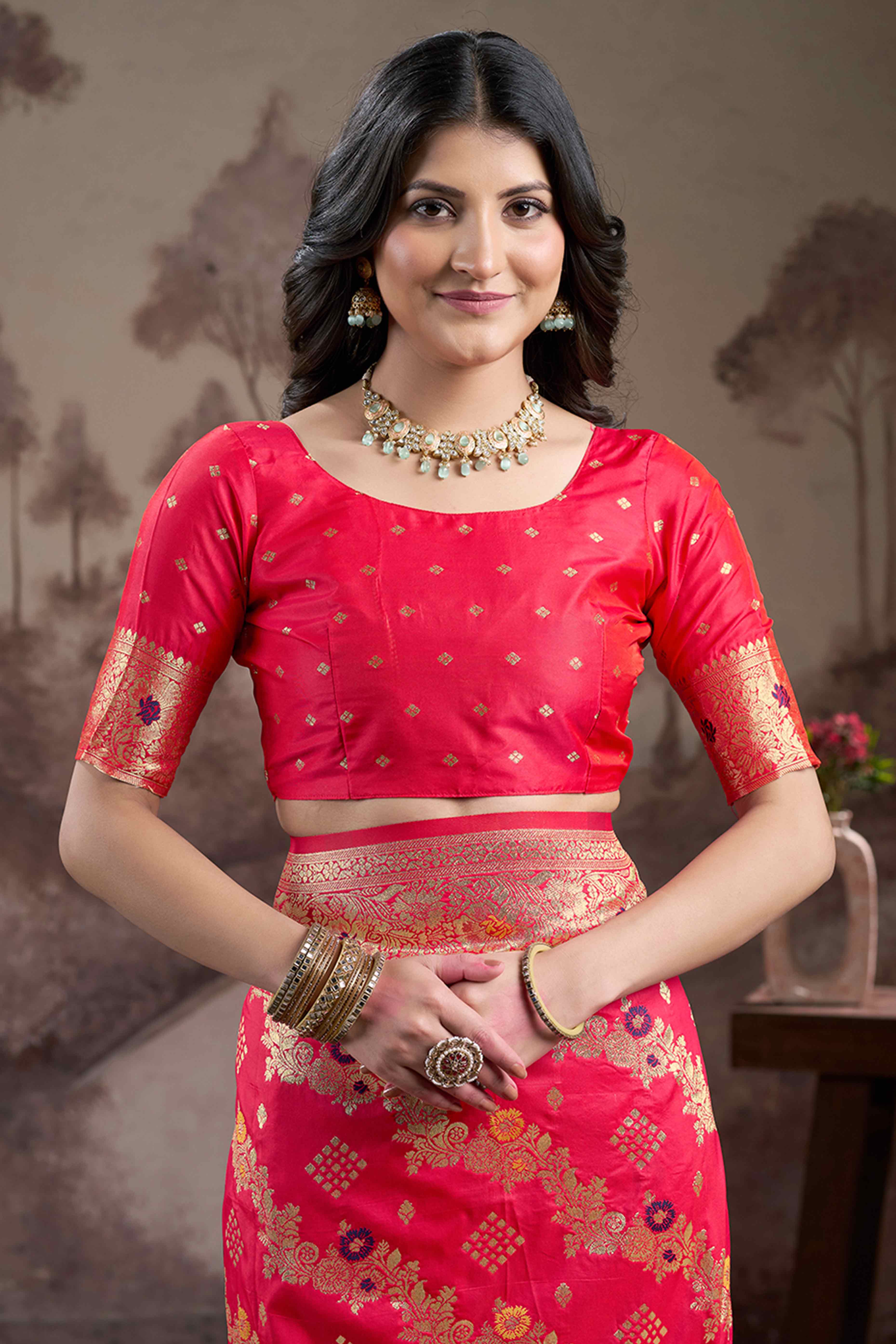 Pink Floral Woven Jacquard Silk Saree
