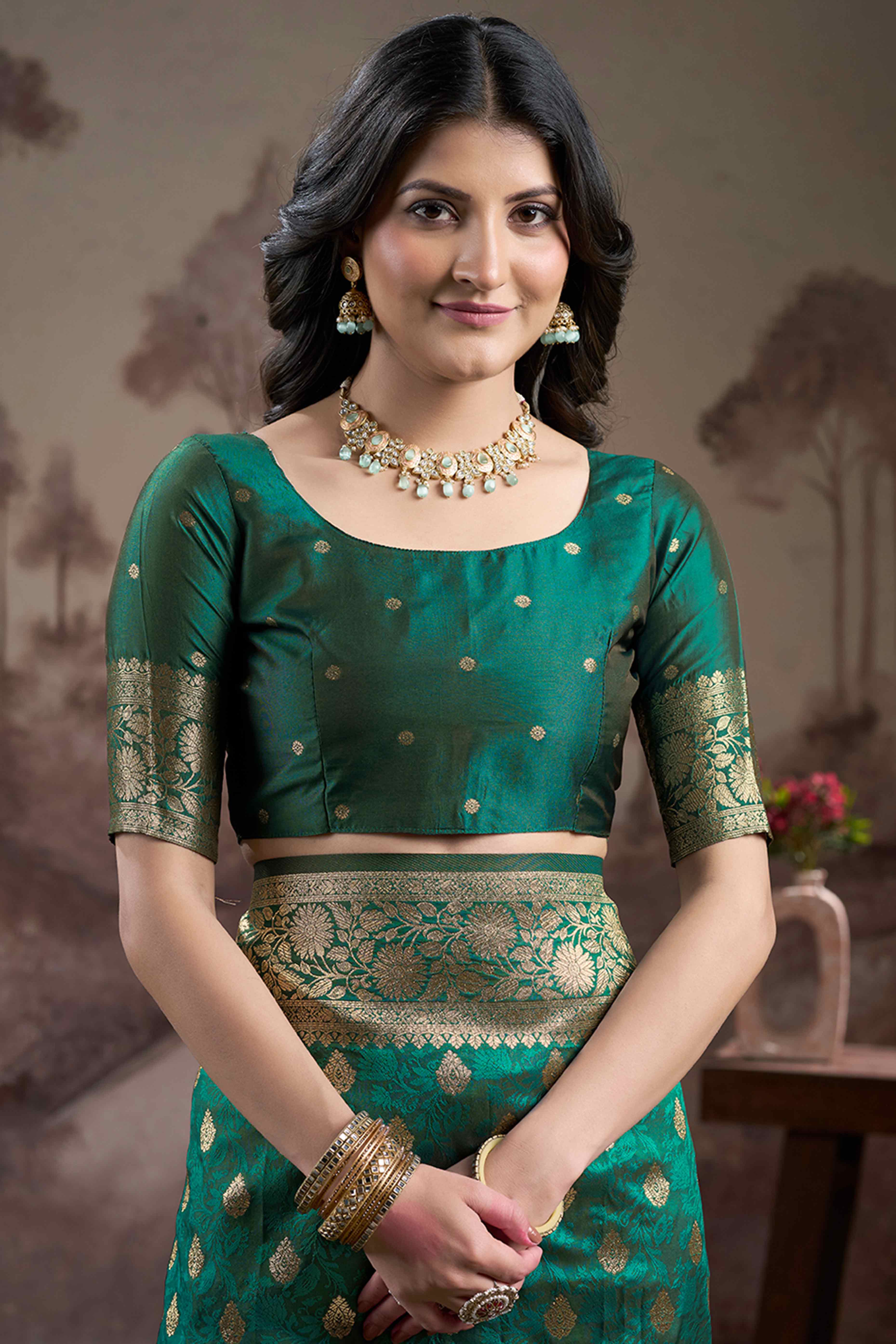 Rama Green Floral Woven Jacquard Silk Saree