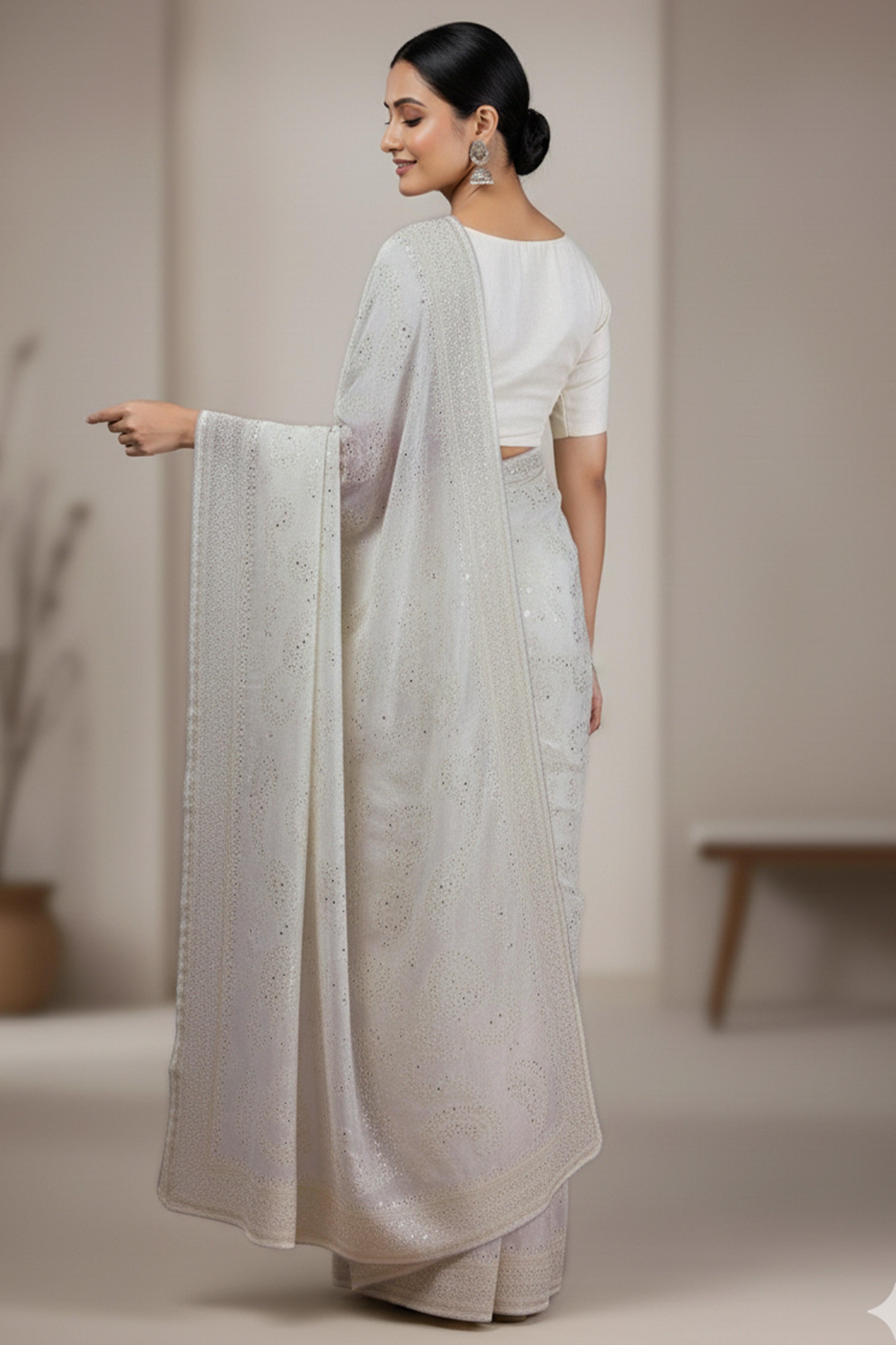 Lustrous White Organza Silk Saree Beautified With Paisley Embroidery & Glittering Sequins Work