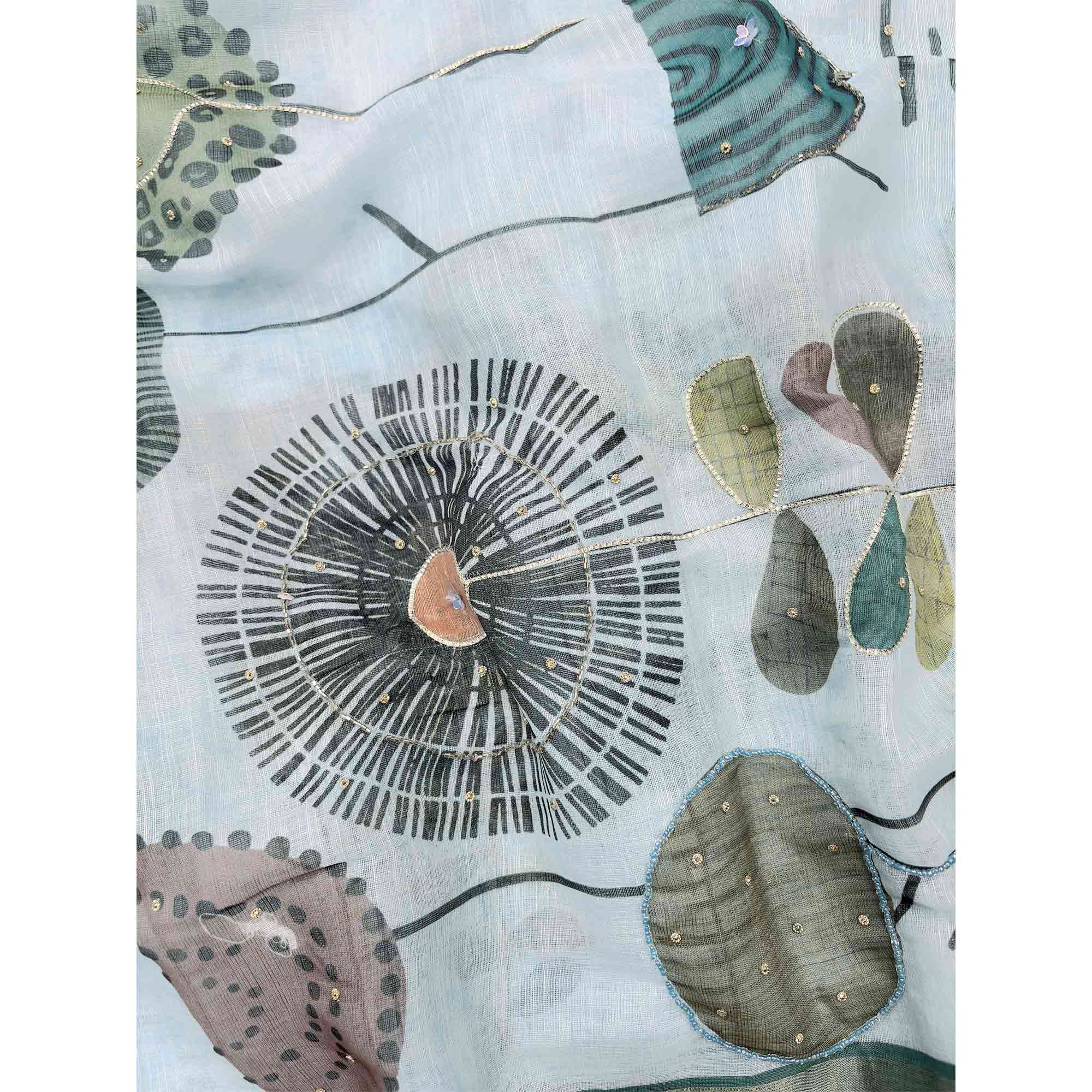 Sky Blue Pure Soft Linen Saree with Elegant Prints and Delicate Stone Work Embellishment