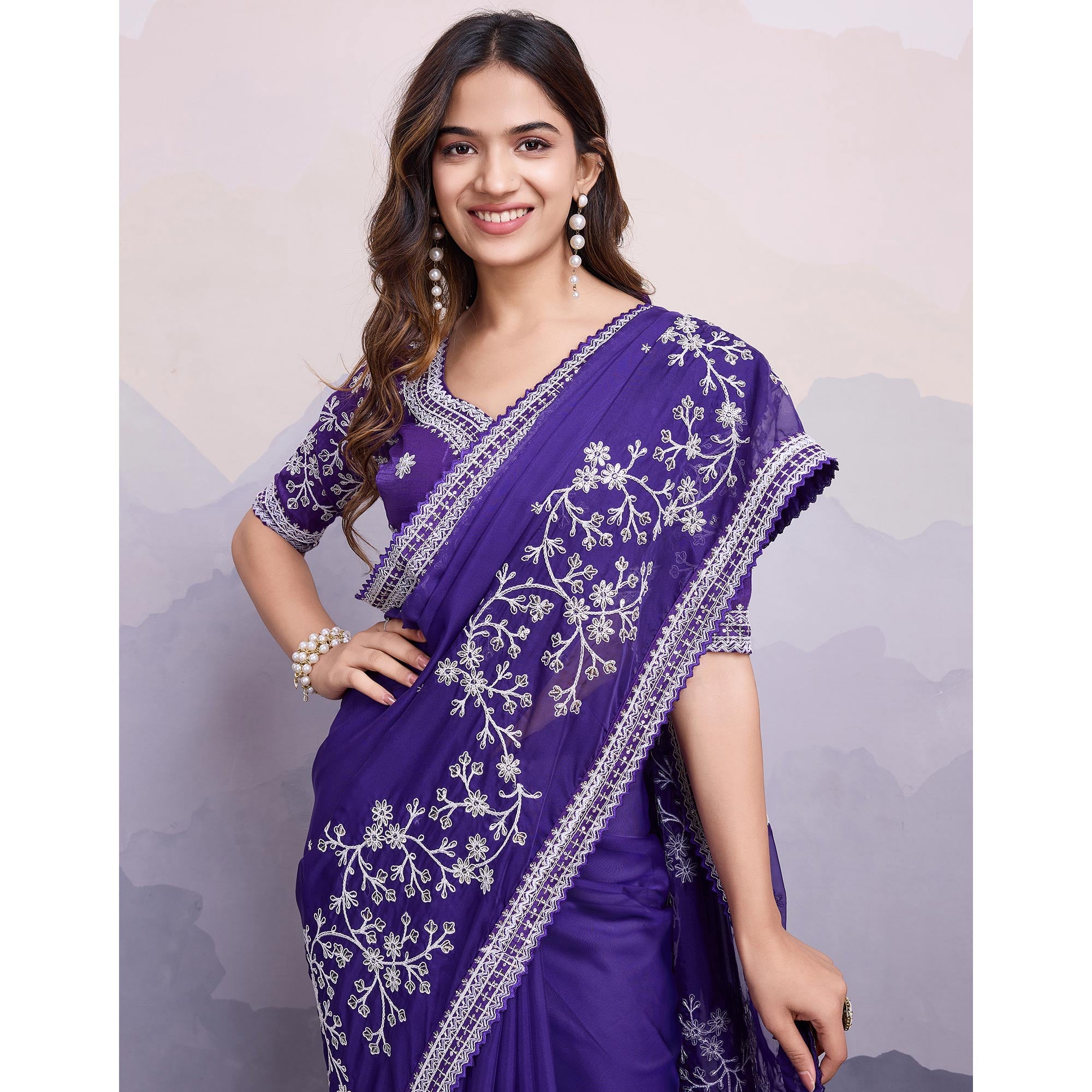 Violet Blue Floral Sequins Embroidered Organza Saree With Lace Border