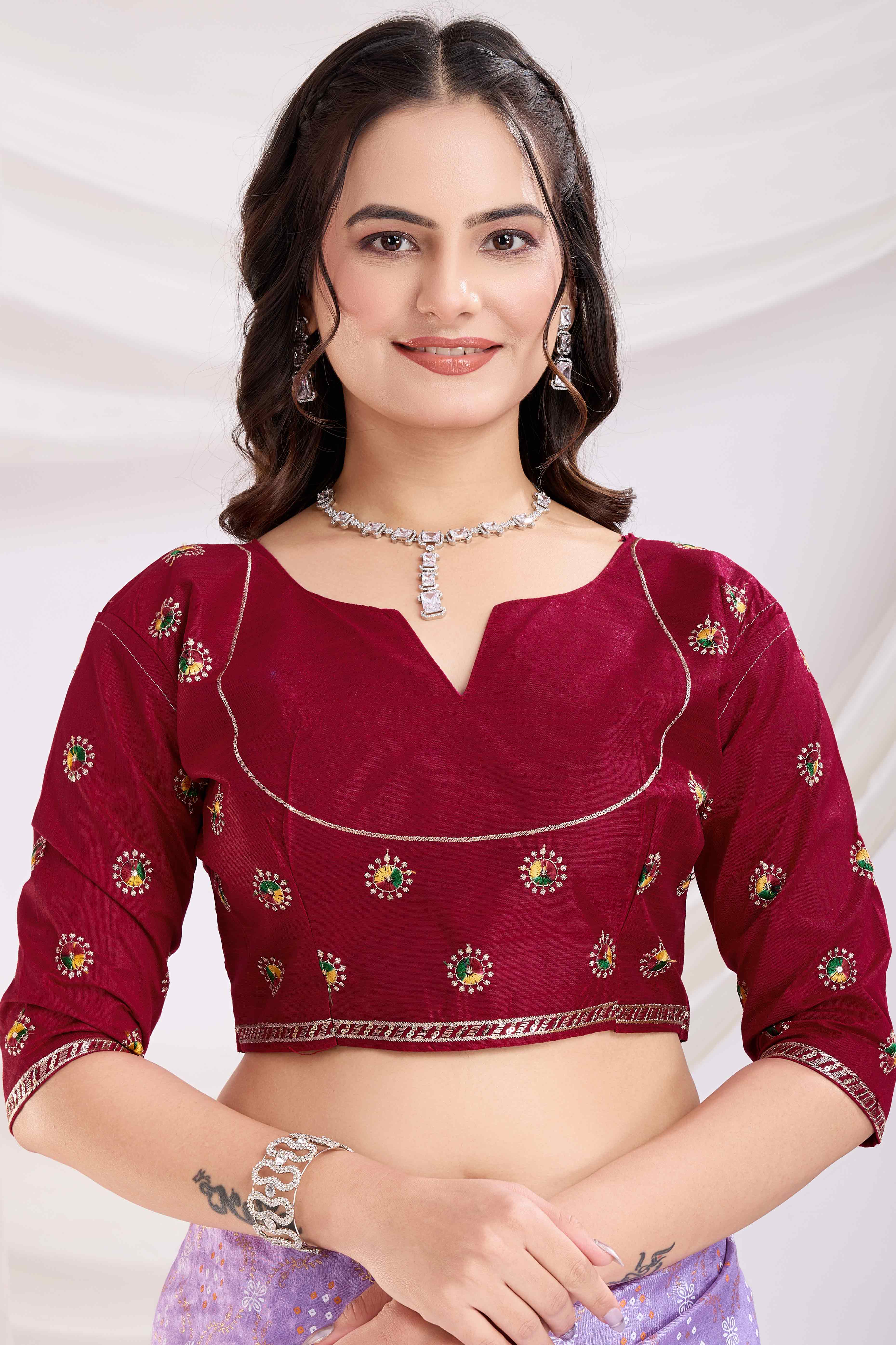 Lavender Bandhani Printed Vichitra Silk Saree With Embroidery Border