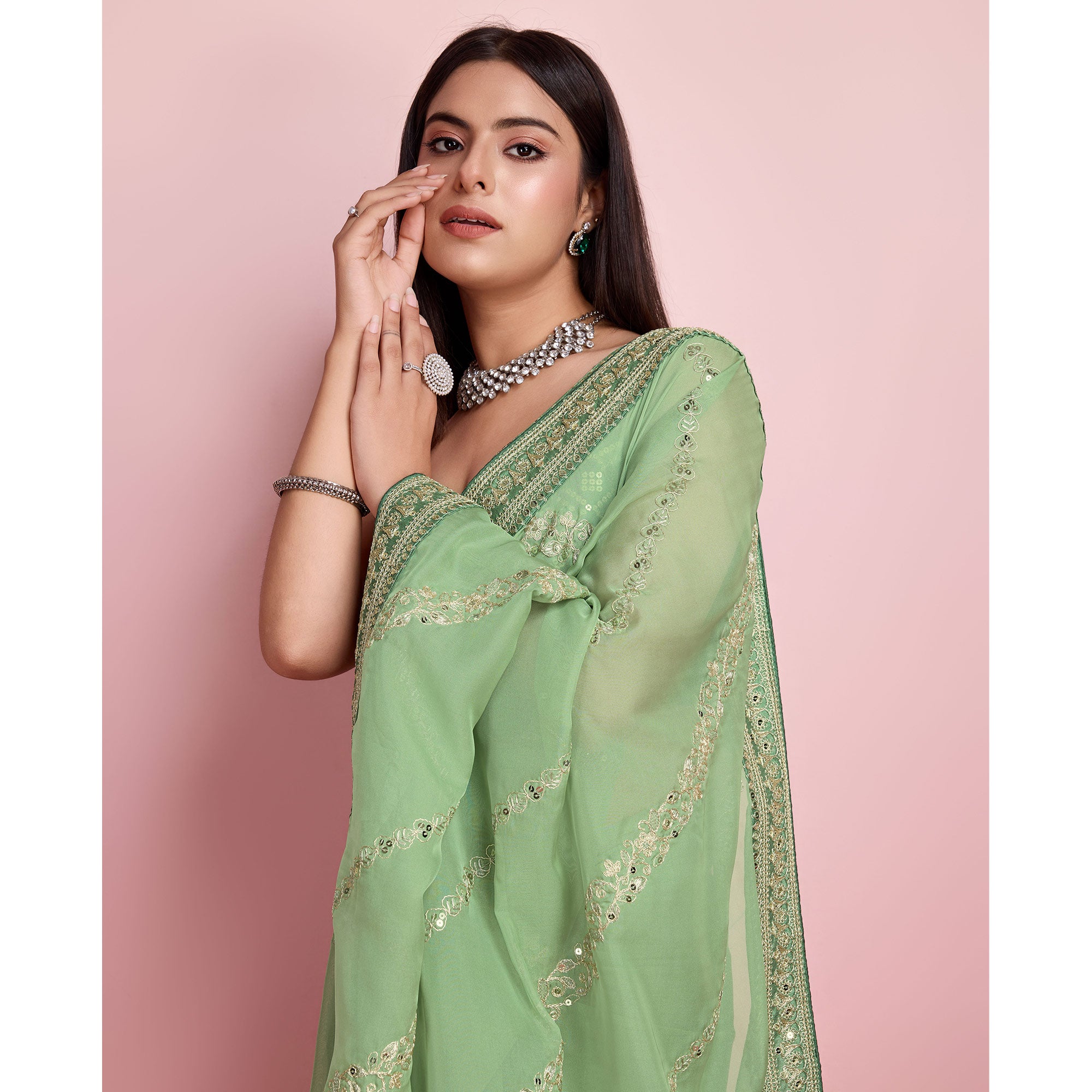 Green Floral Sequins Embroidered Organza Saree