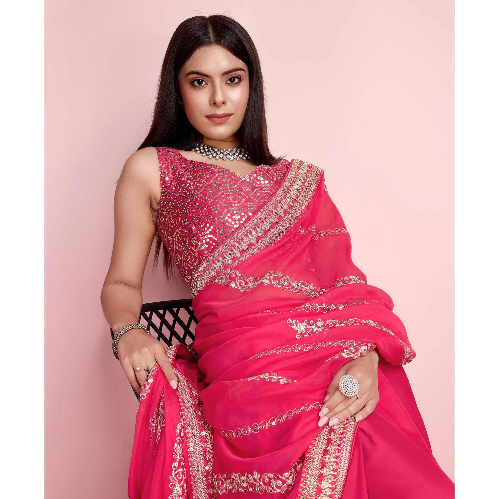 Pink Floral Sequins Embroidered Organza Saree