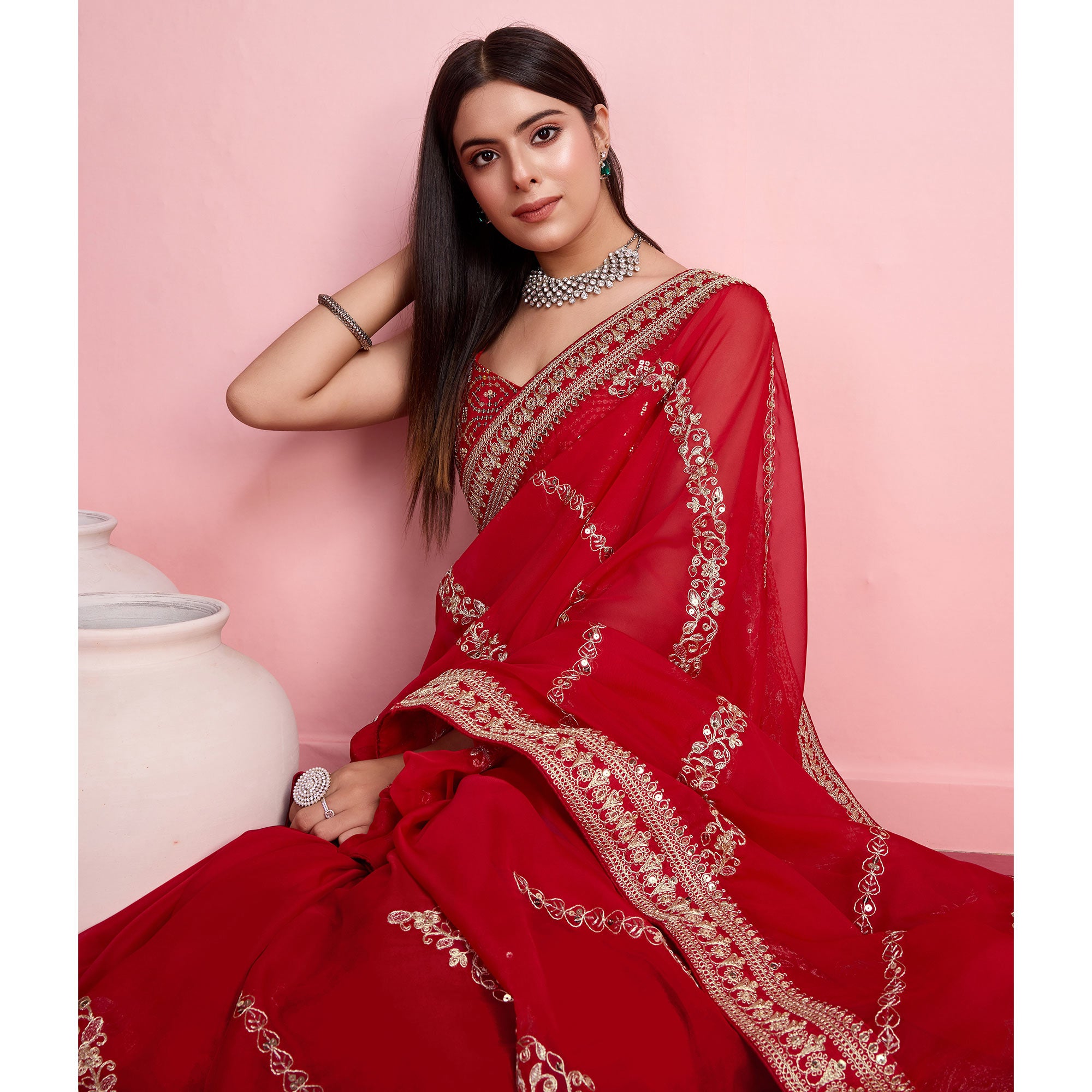 Red Floral Sequins Embroidered Organza Saree