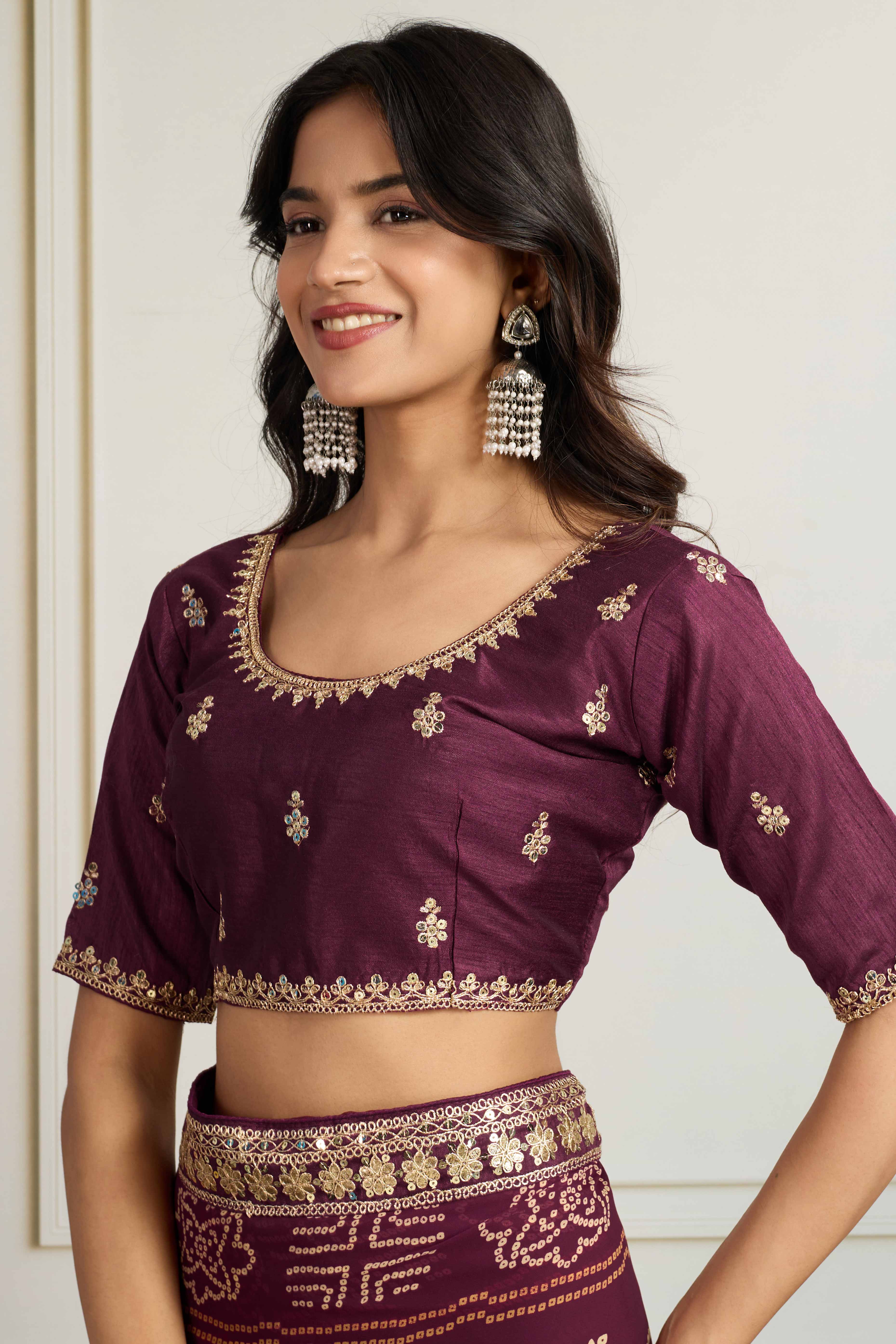 Wine Bandhani Digital Printed Georgette Saree Enhanced With Cording Embroidered Border