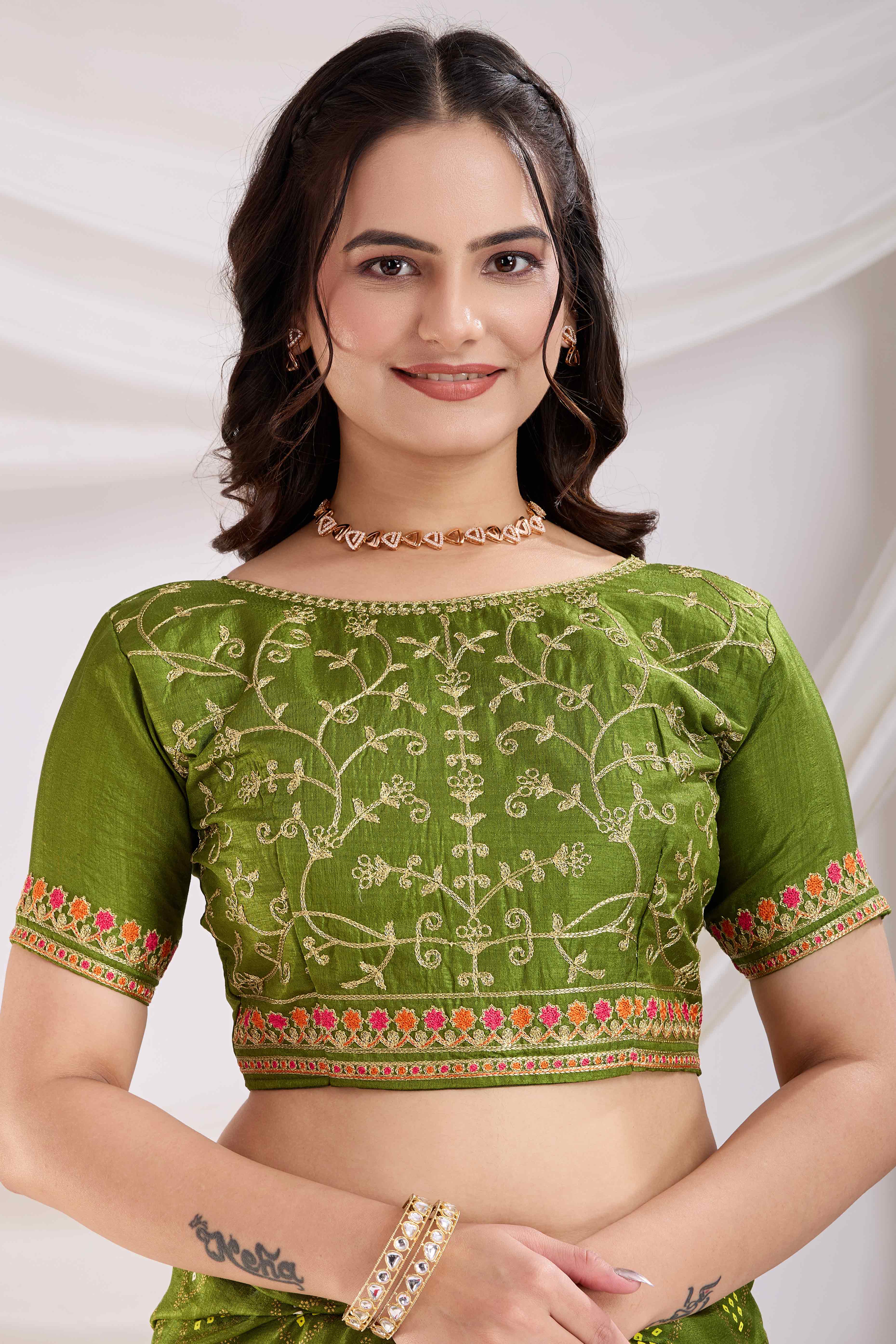 Green Bandhani Printed Vichitra Silk Saree With Embroidery Border