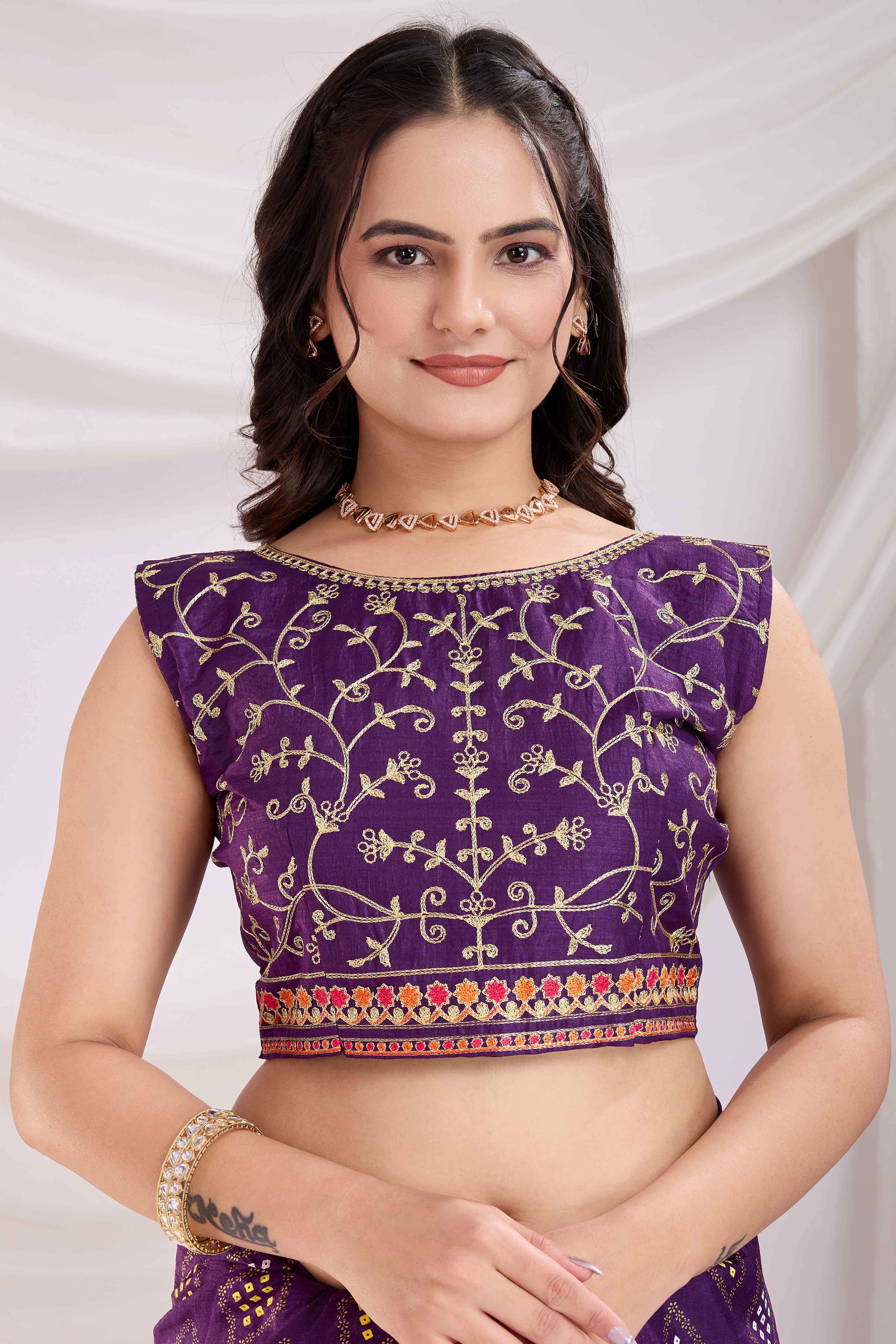 Purple Bandhani Printed Vichitra Silk Saree With Embroidery Border