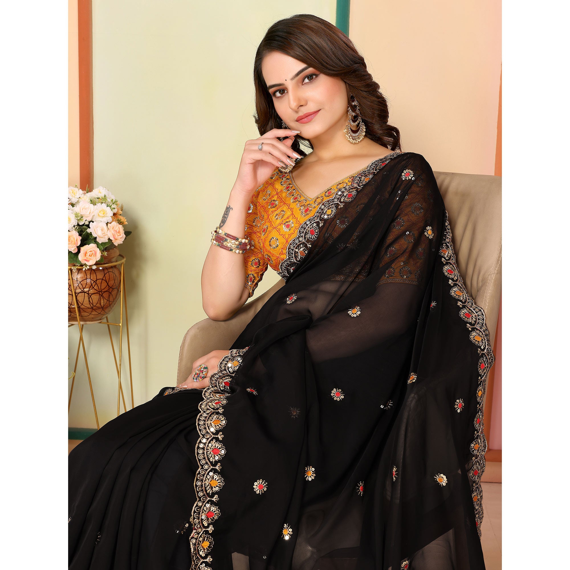 Black Sequins Embroidered Embroidered Organza Saree