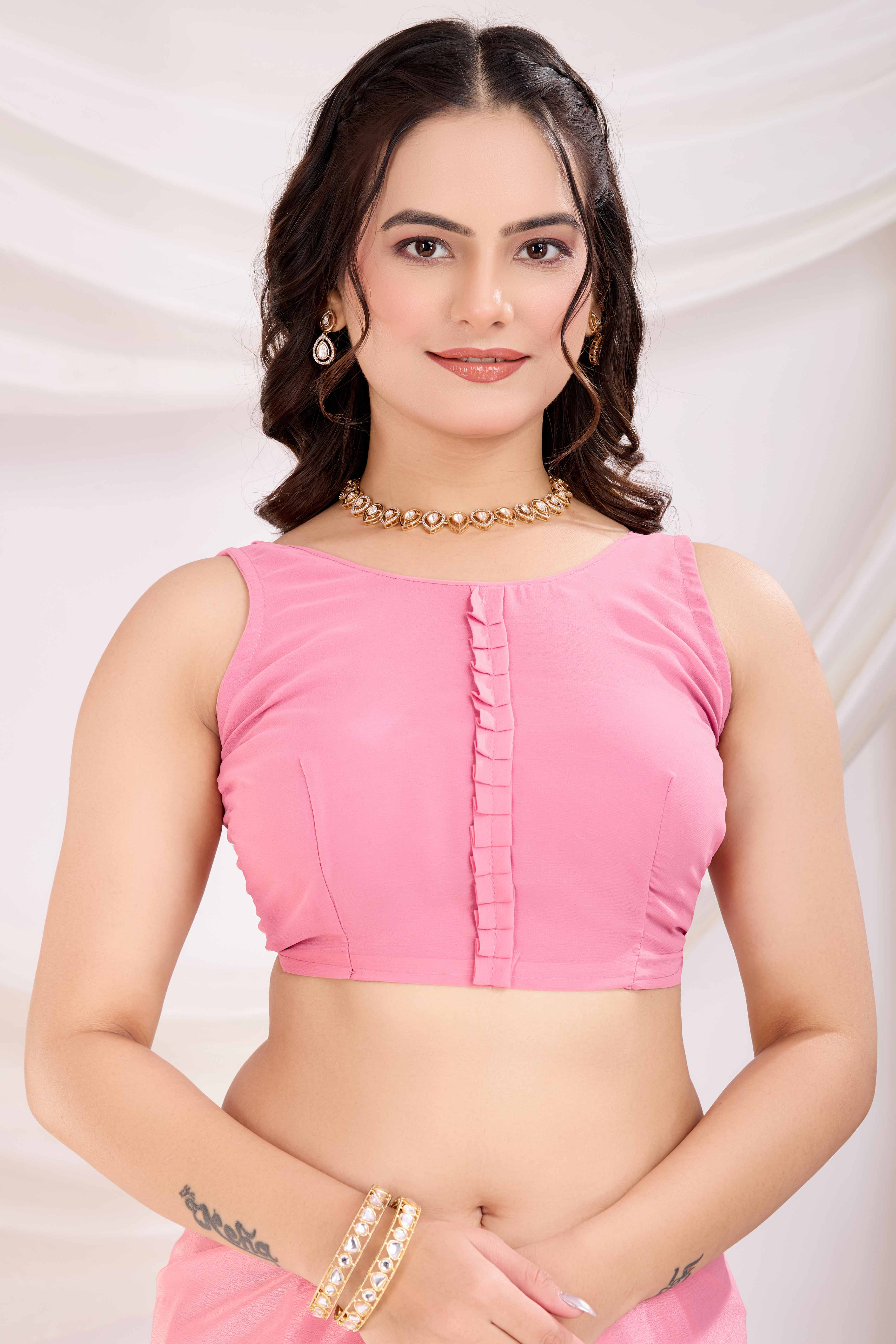 Pink Saree In Chinon Silk Featuring Delicate Floral Embroidery & Sparkling Sequins