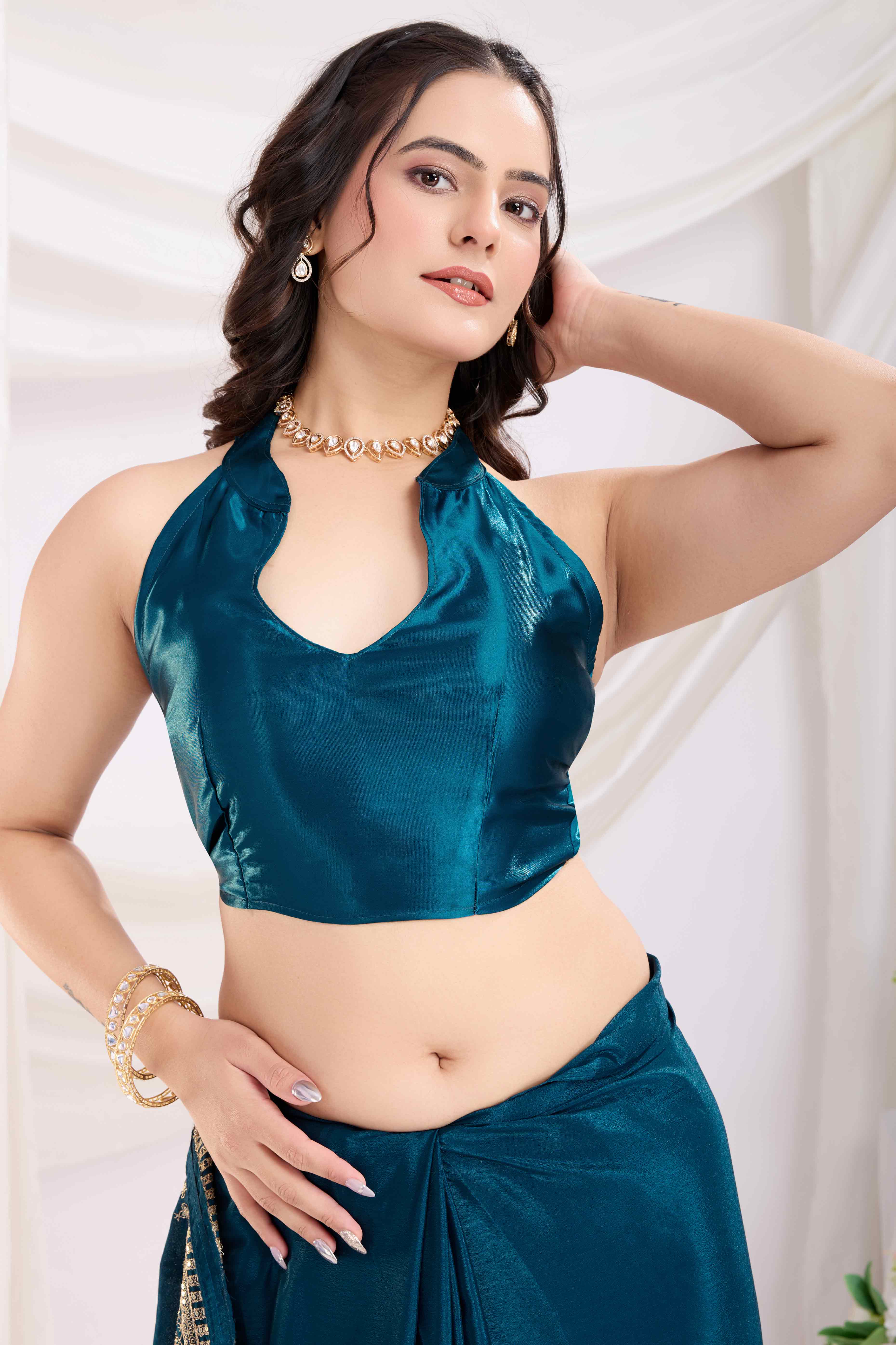 Teal Saree In Chinon Silk Featuring Delicate Floral Embroidery & Sparkling Sequins
