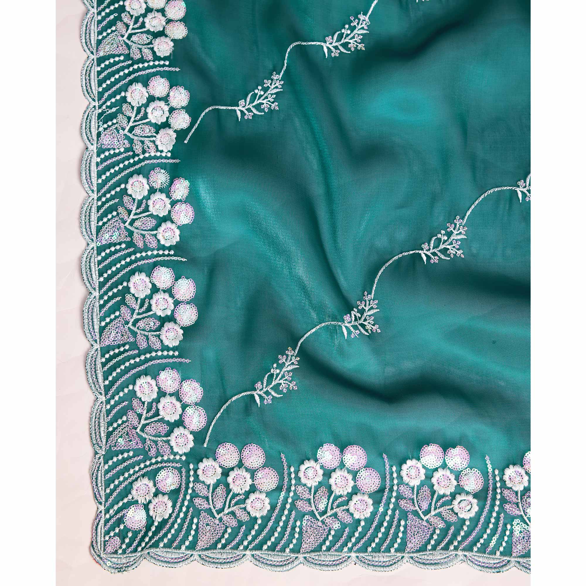 Teal Green Floral Sequins Embroidered Jimmy Choo Tissue Saree