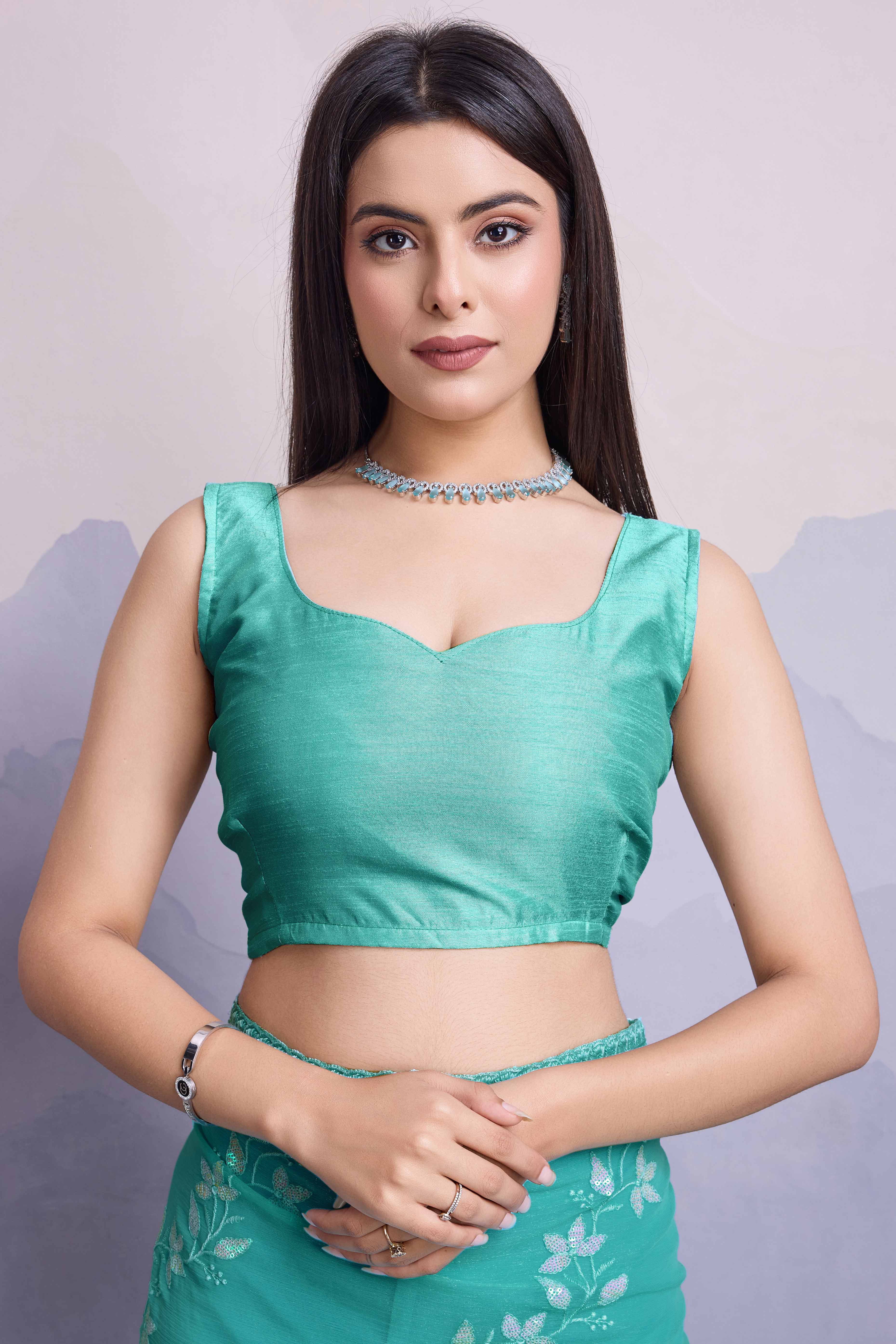 Rama Green Floral Sequins Embroidered Chiffon Saree