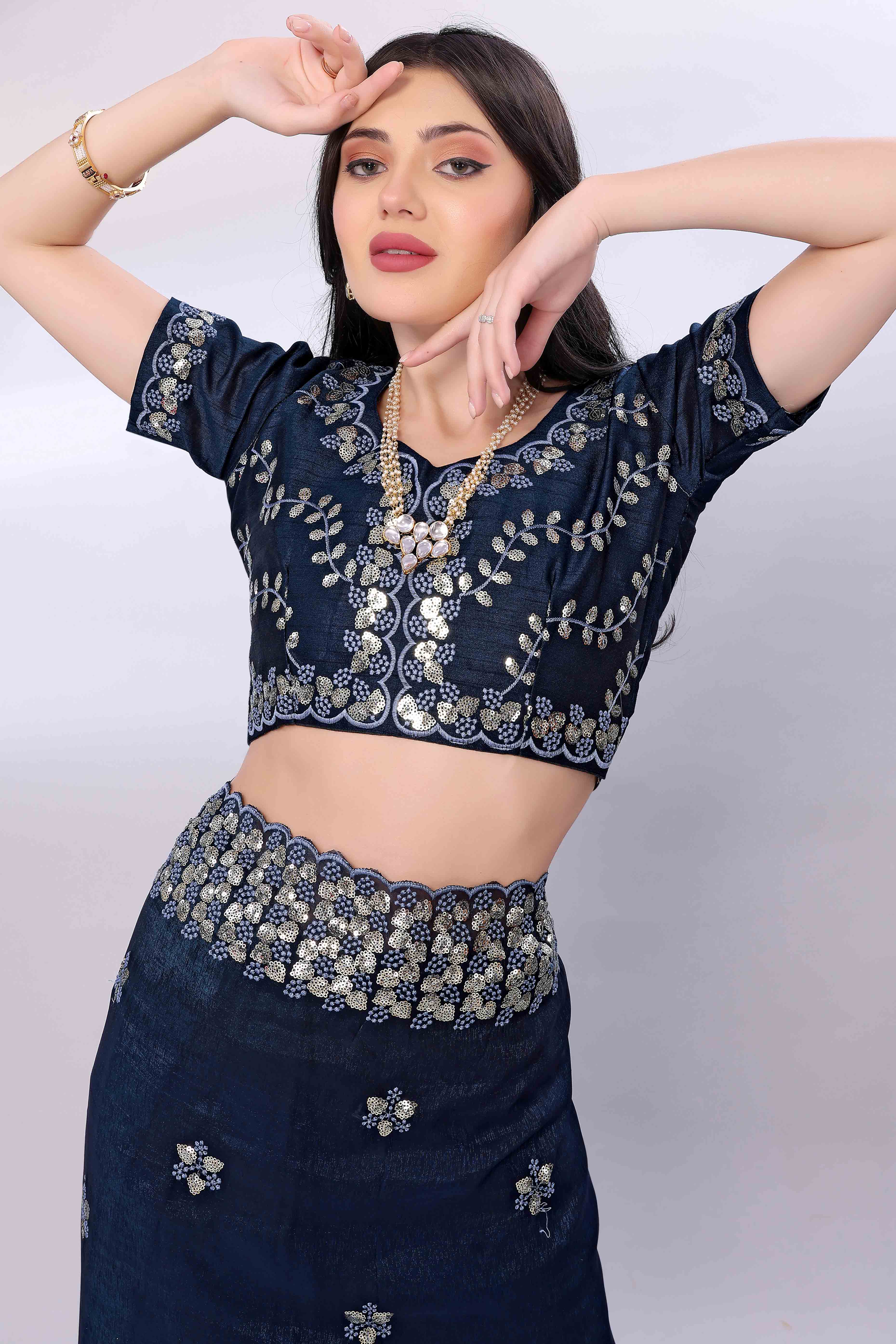 Blue Crunchy Organza Silk Saree Adorned With Intricate Floral Sequins Embroidery