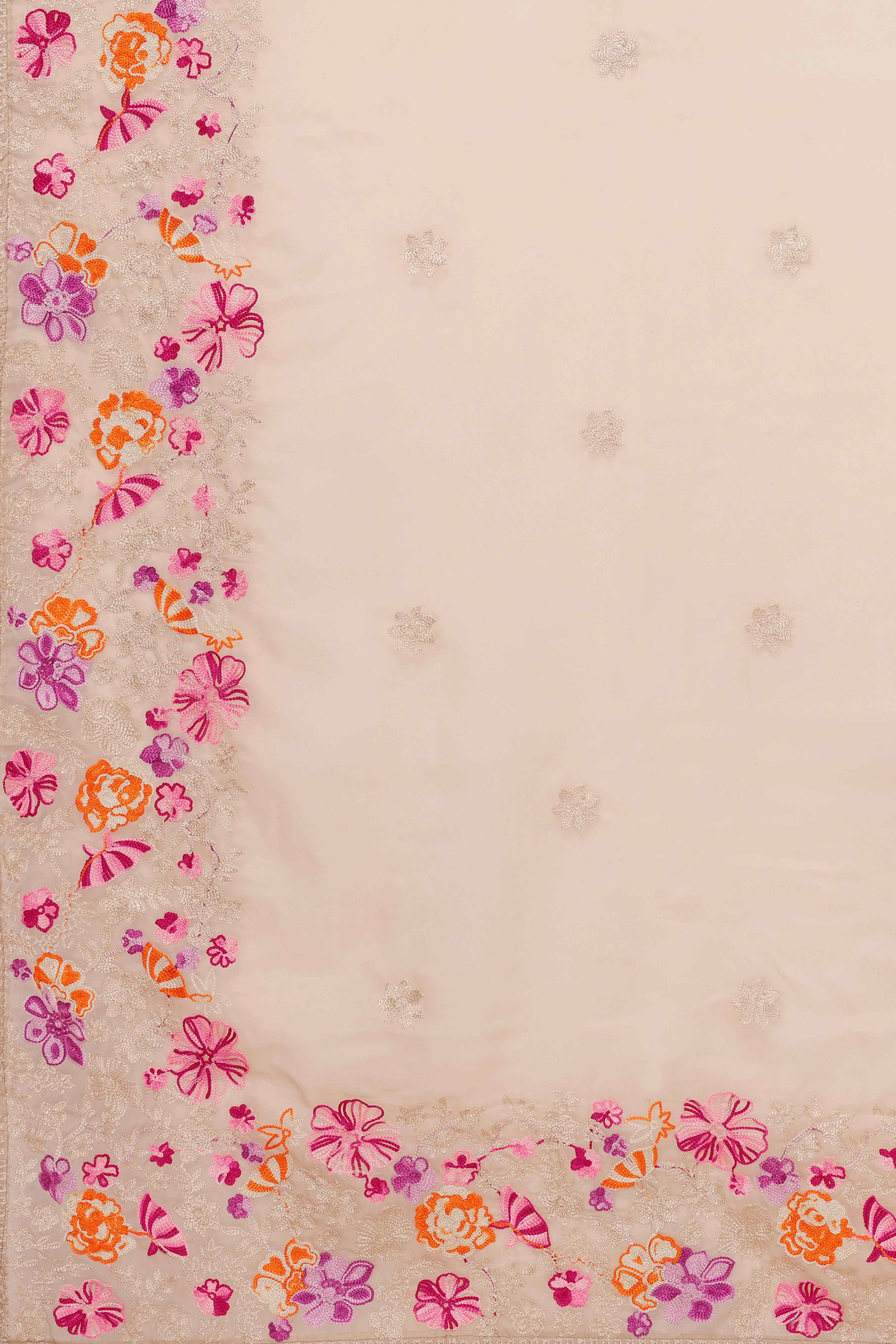 Beige Floral Embroidered Organza Saree