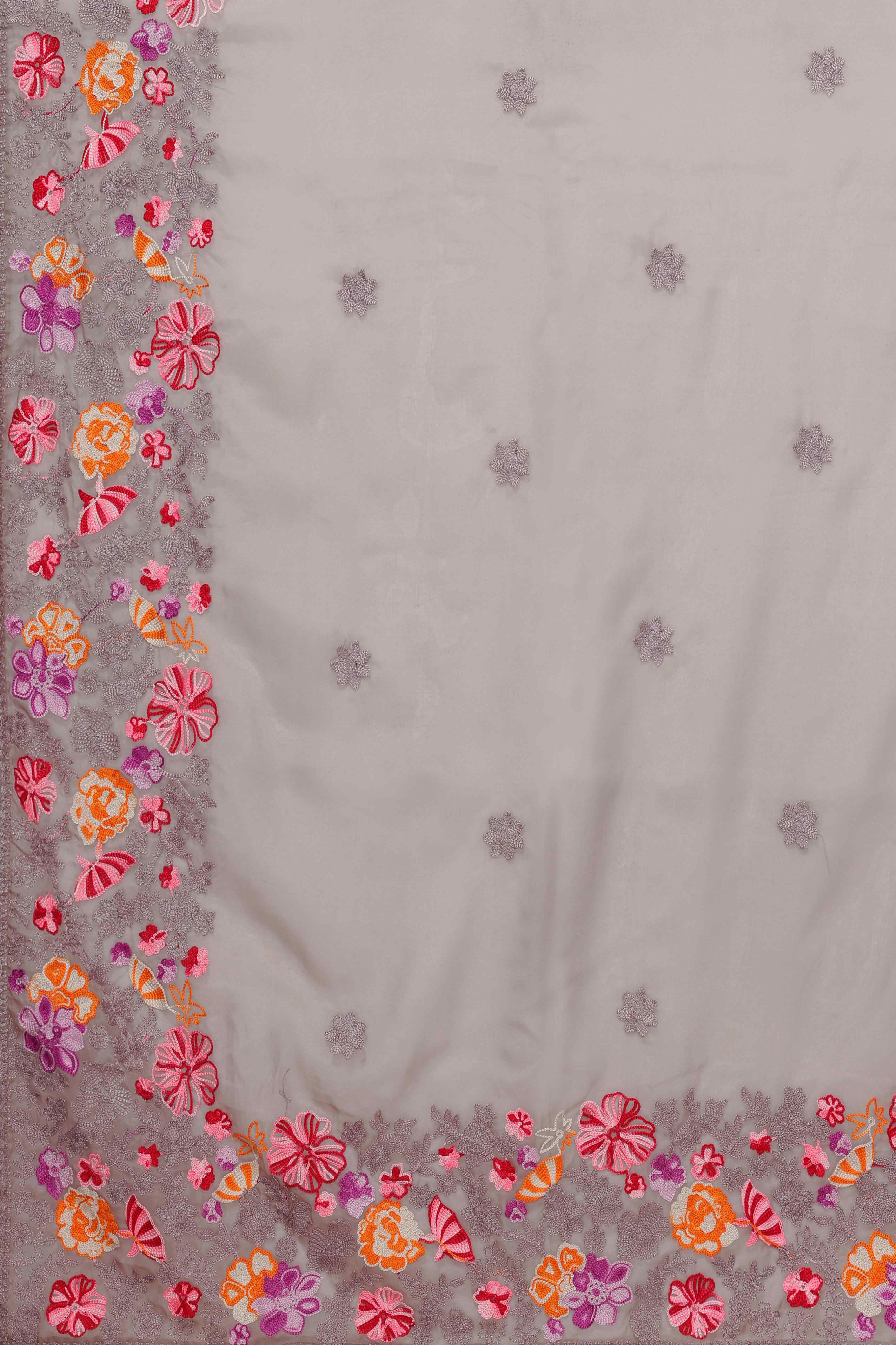 Grey Floral Embroidered Organza Saree