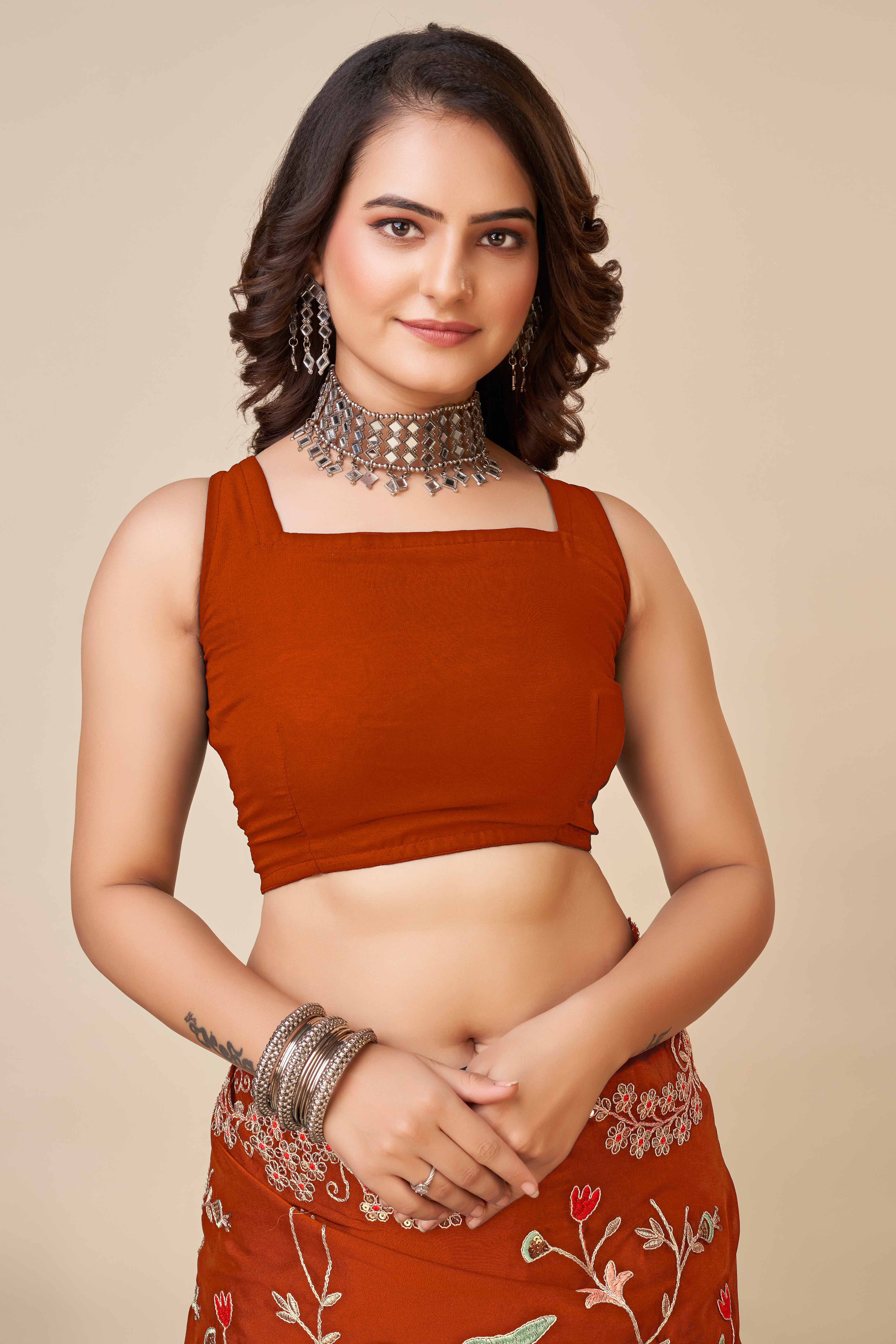 Orange Rangoli Art Silk Saree Featuring Intricate Floral Cording Embroidery & Sparkling Sequin Work