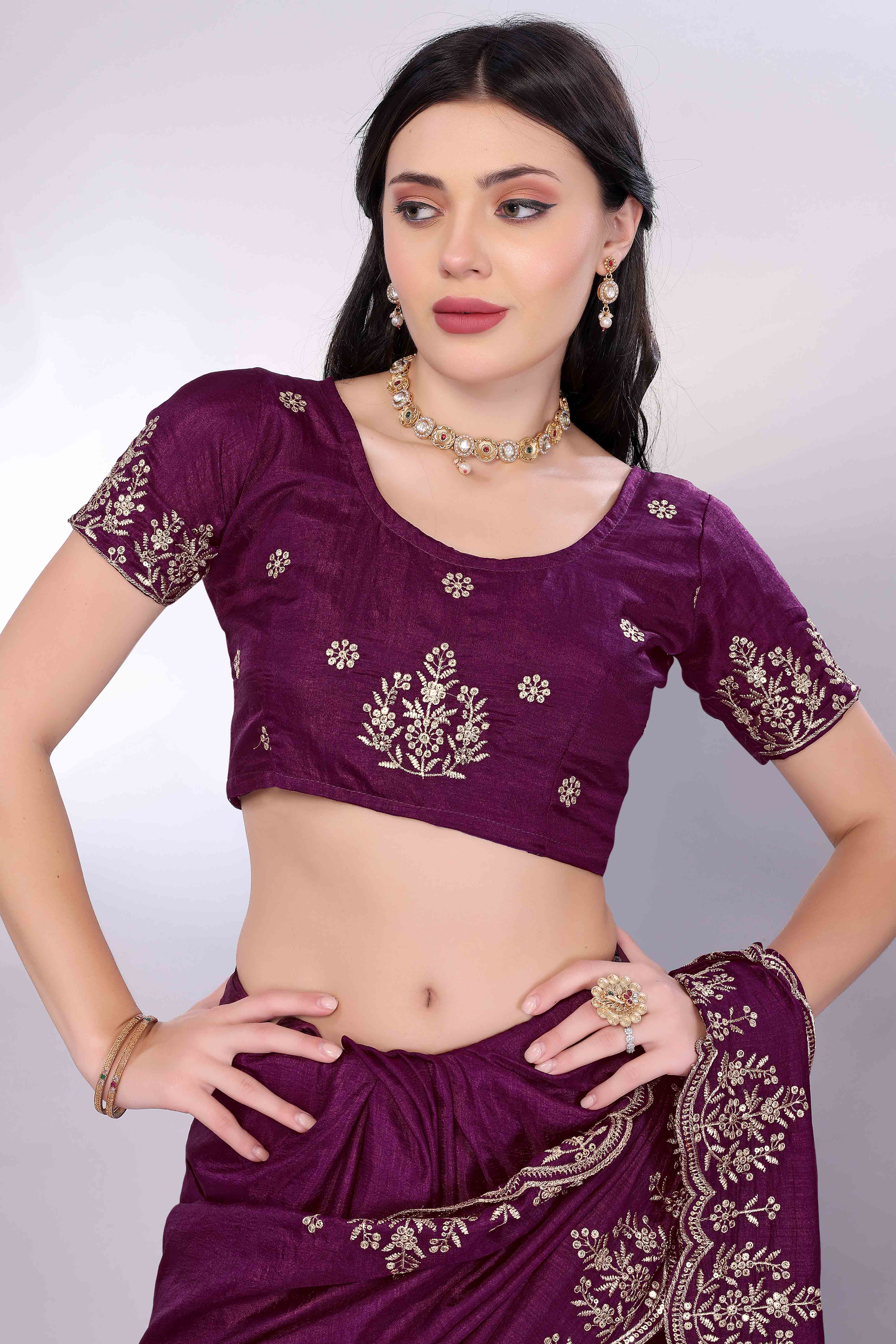 Wine Zari Embroidered Saree In Vichitra Silk With Shimmering Floral Sequins Work