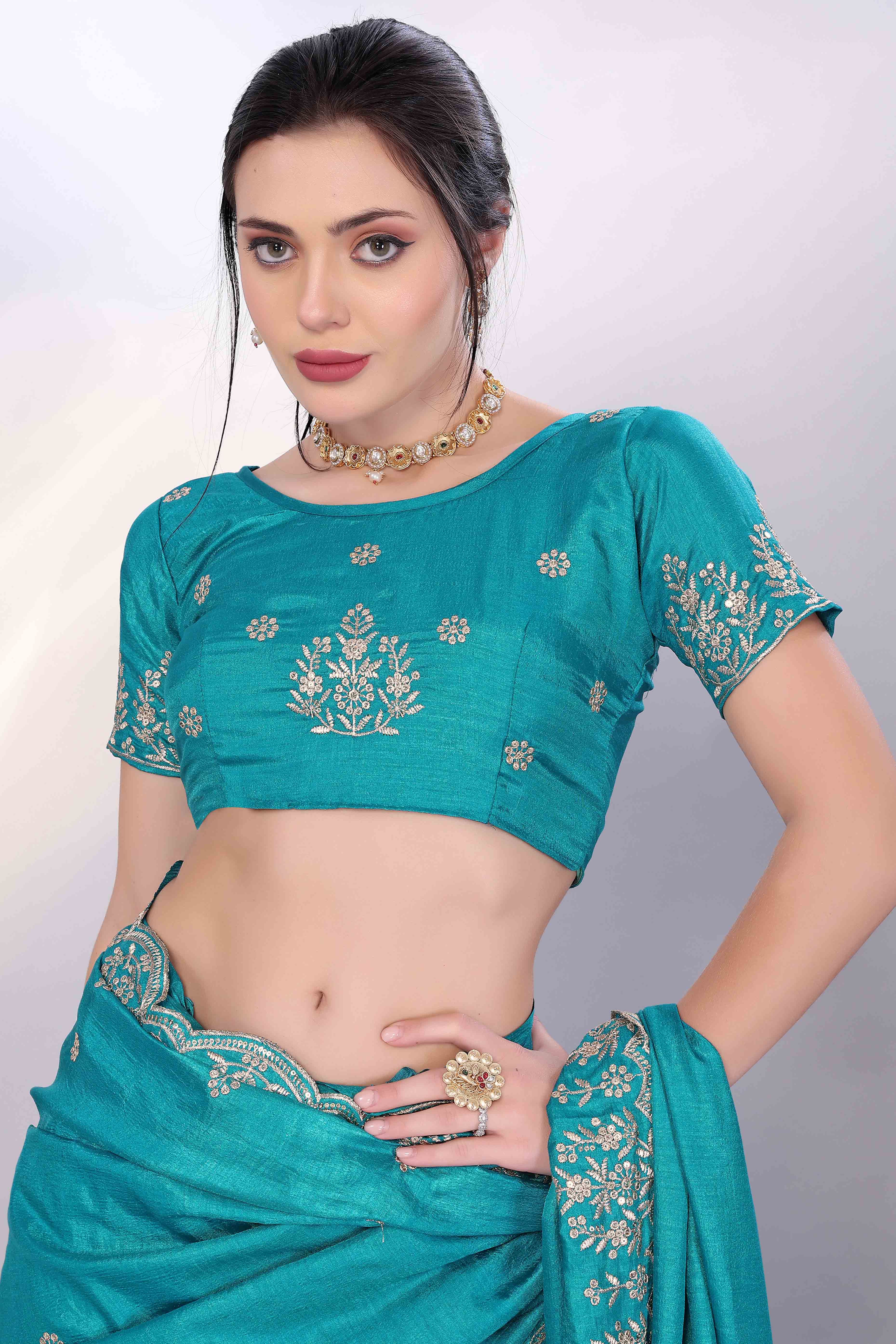 Turquoise Zari Embroidered Saree In Vichitra Silk With Shimmering Floral Sequins Work