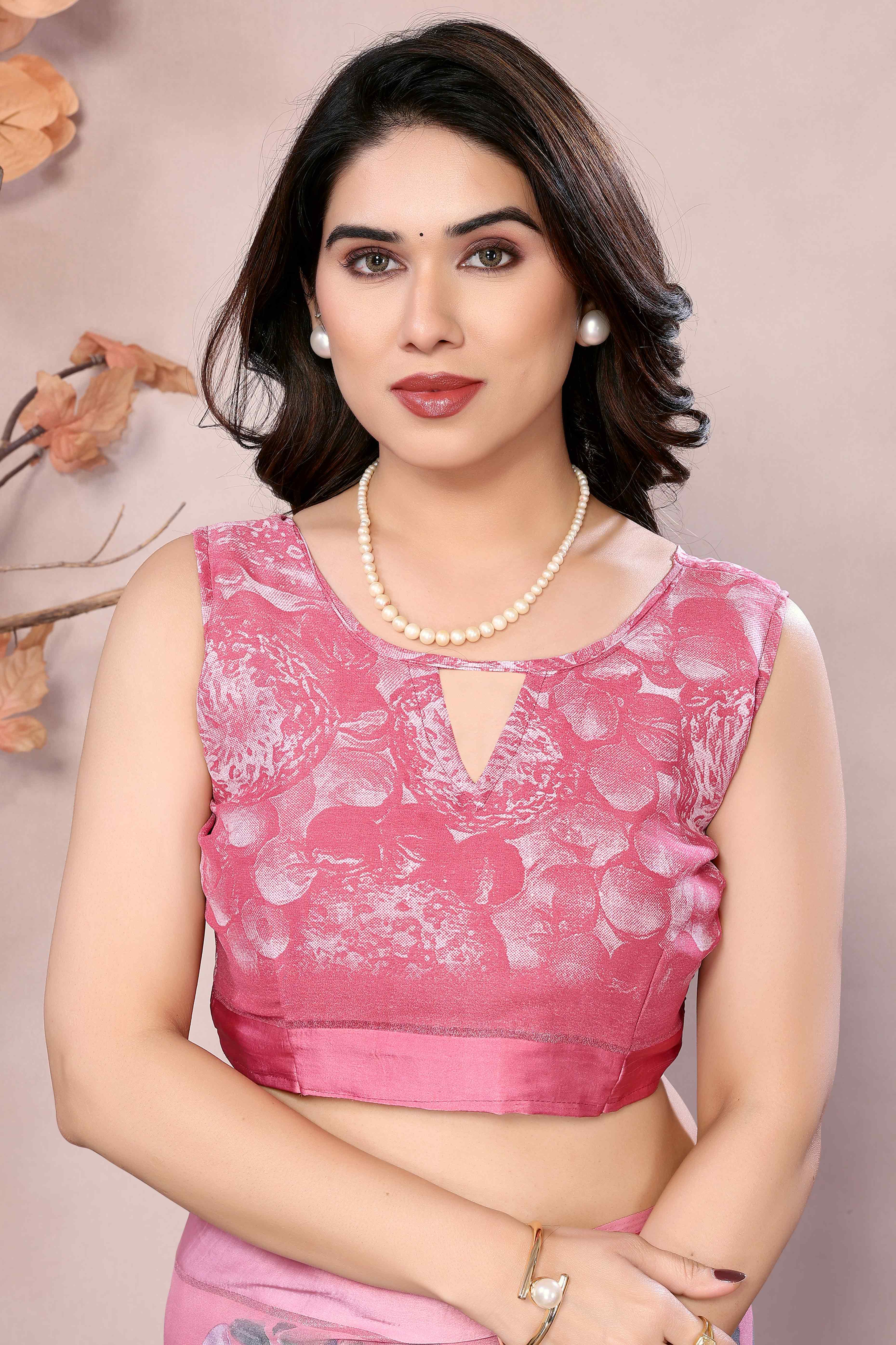 Pink Floral Printed Moss Art Silk Saree