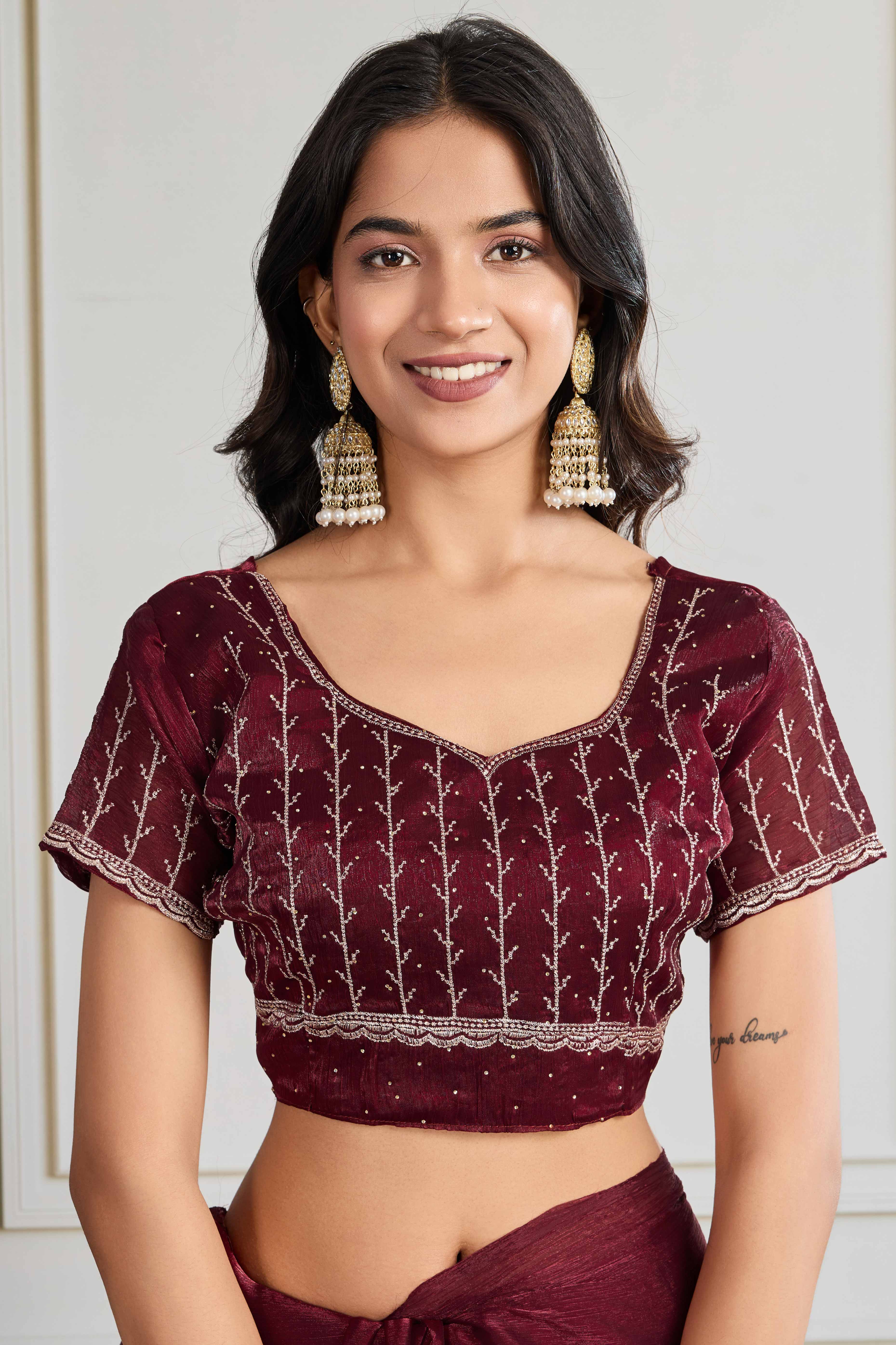 Maroon Festive Wear Silk Blend Saree with Embroidery & Stones