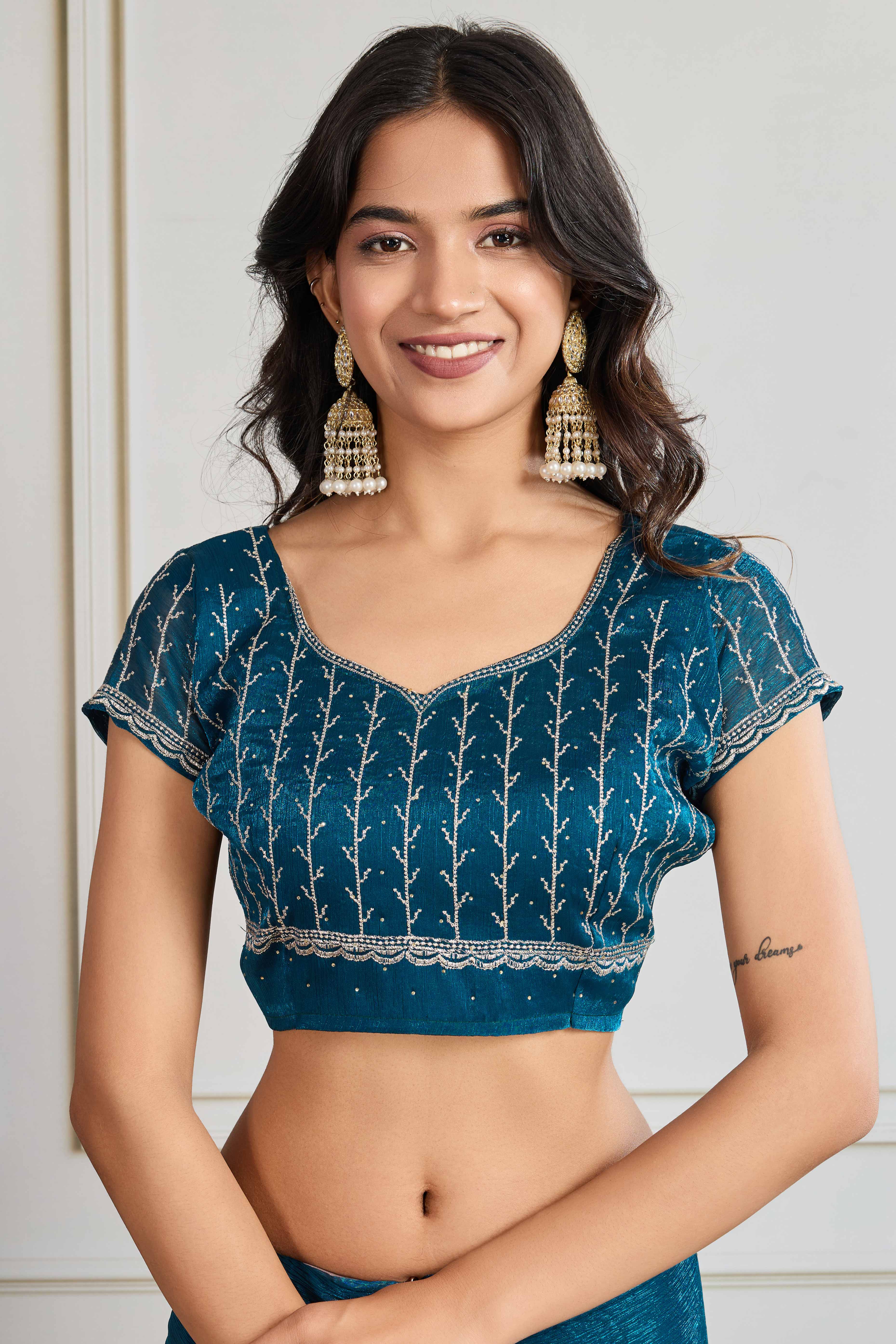 Teal Festive Wear Silk Blend Saree with Embroidery & Stones