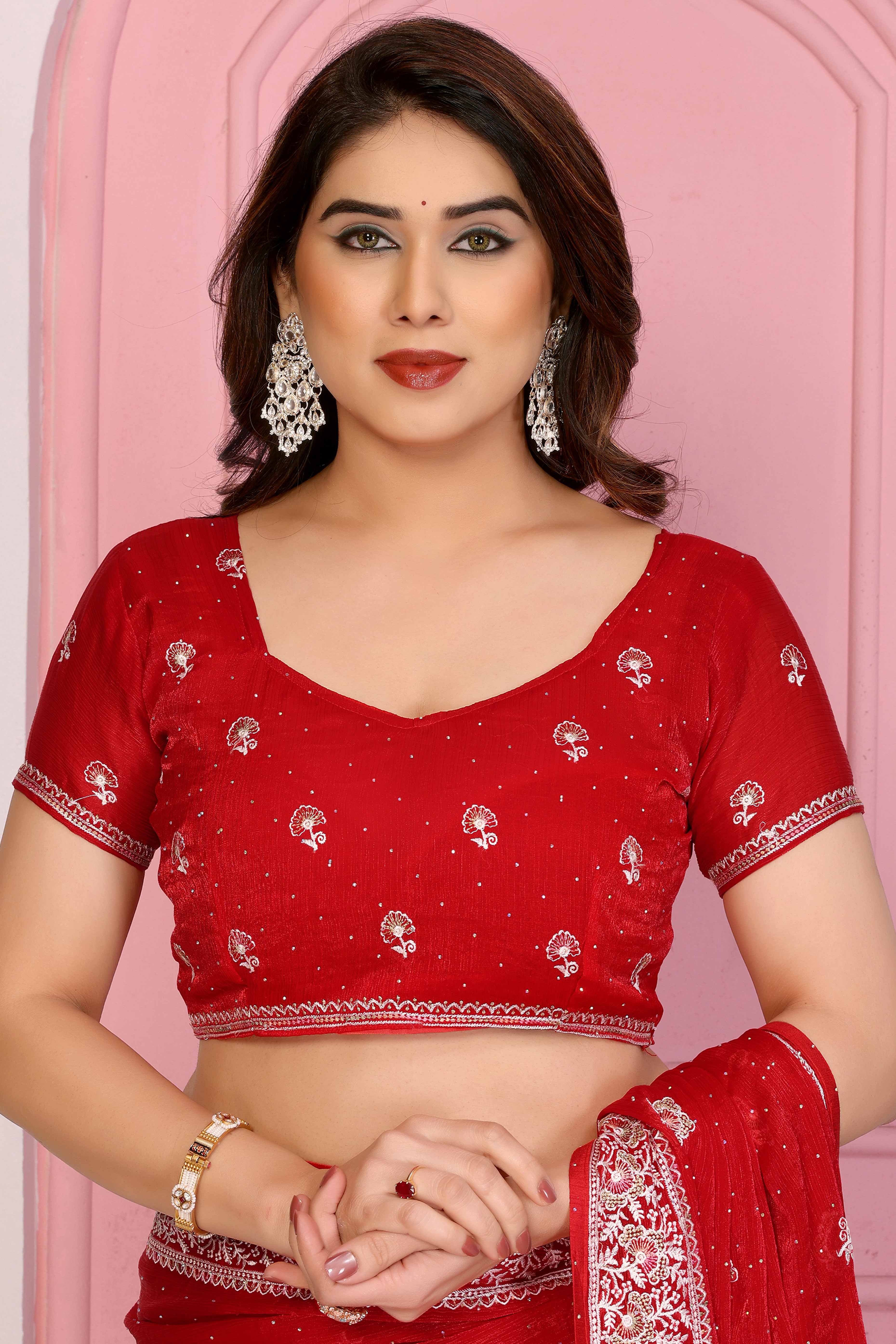 Red Chiffon Saree with Intricate Embroidery and Floral Patterns