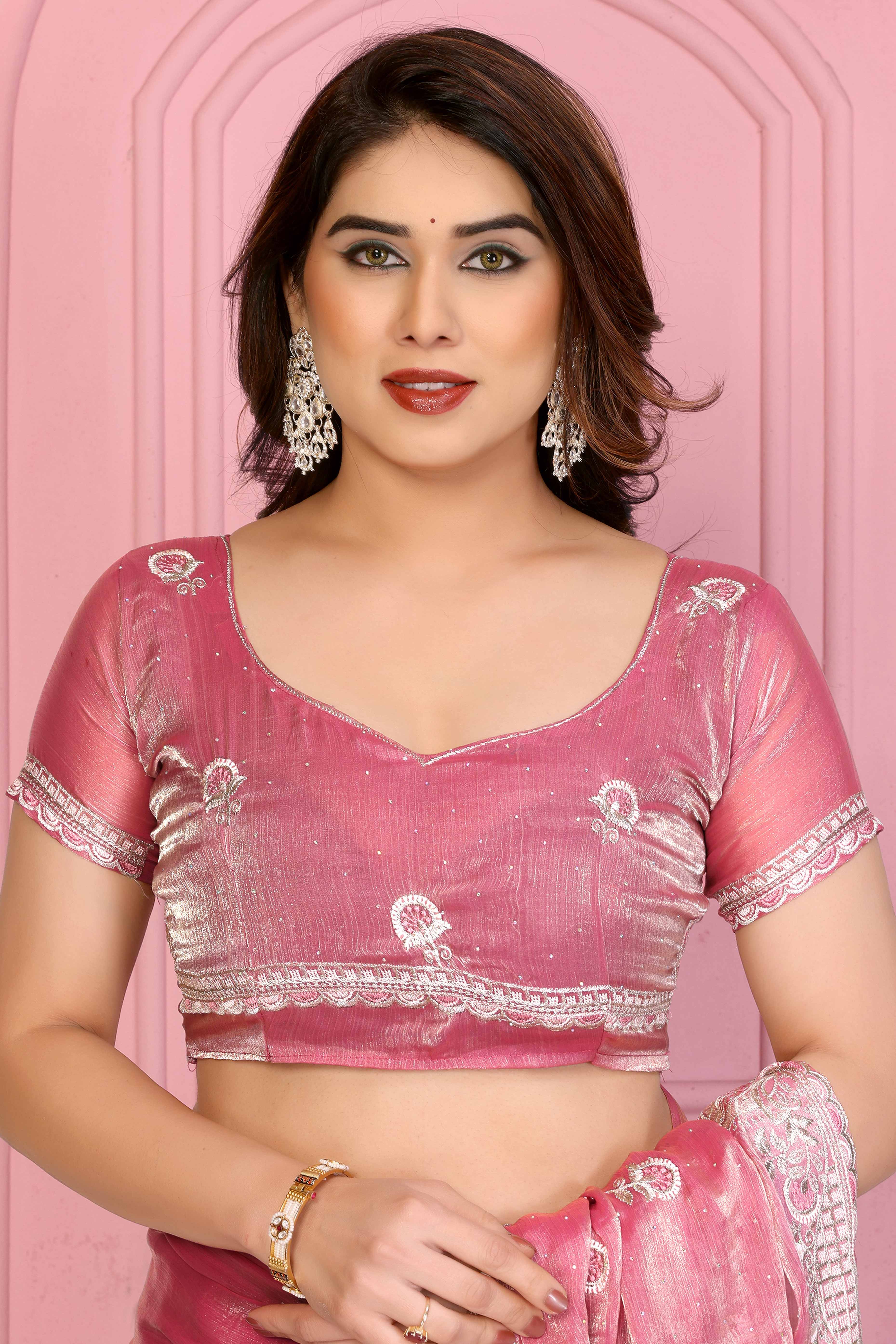Pink Chiffon Saree Featuring Floral Thread Embroidery With Stone Embellishments