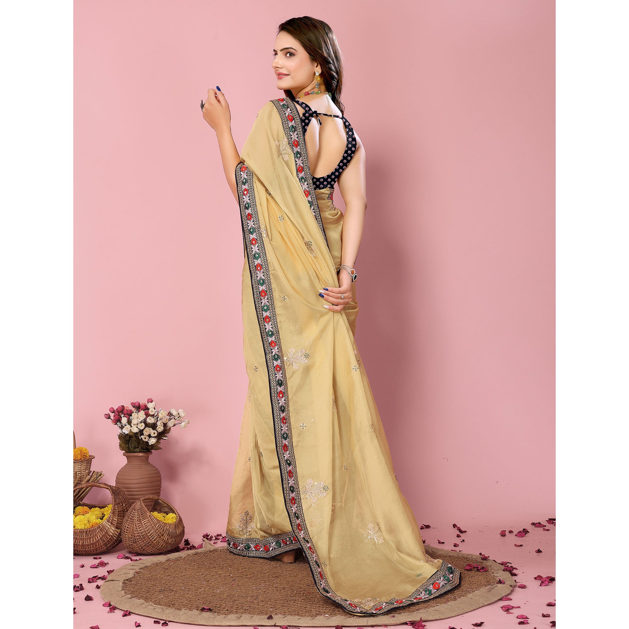 Yellow Floral Sequins Embroidered Organza Saree