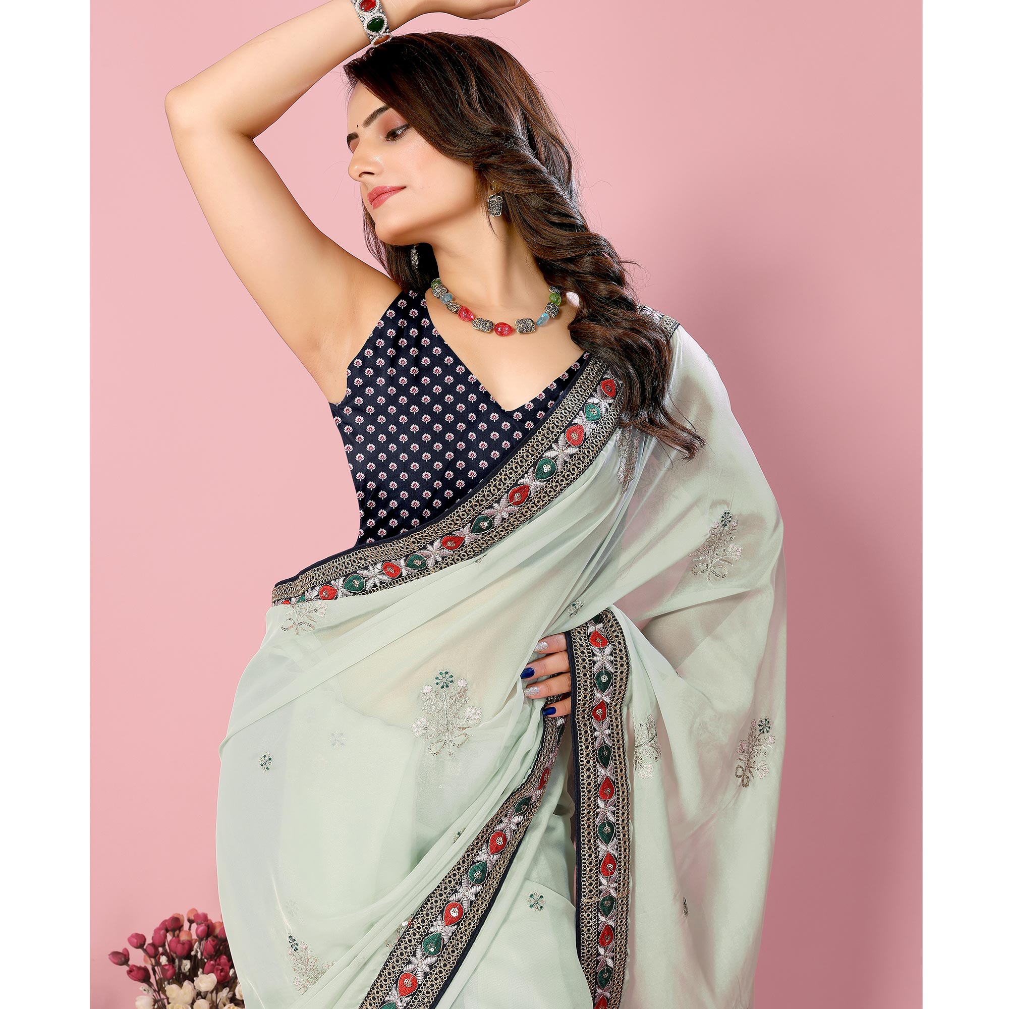 Sea Green Floral Sequins Embroidered Organza Saree