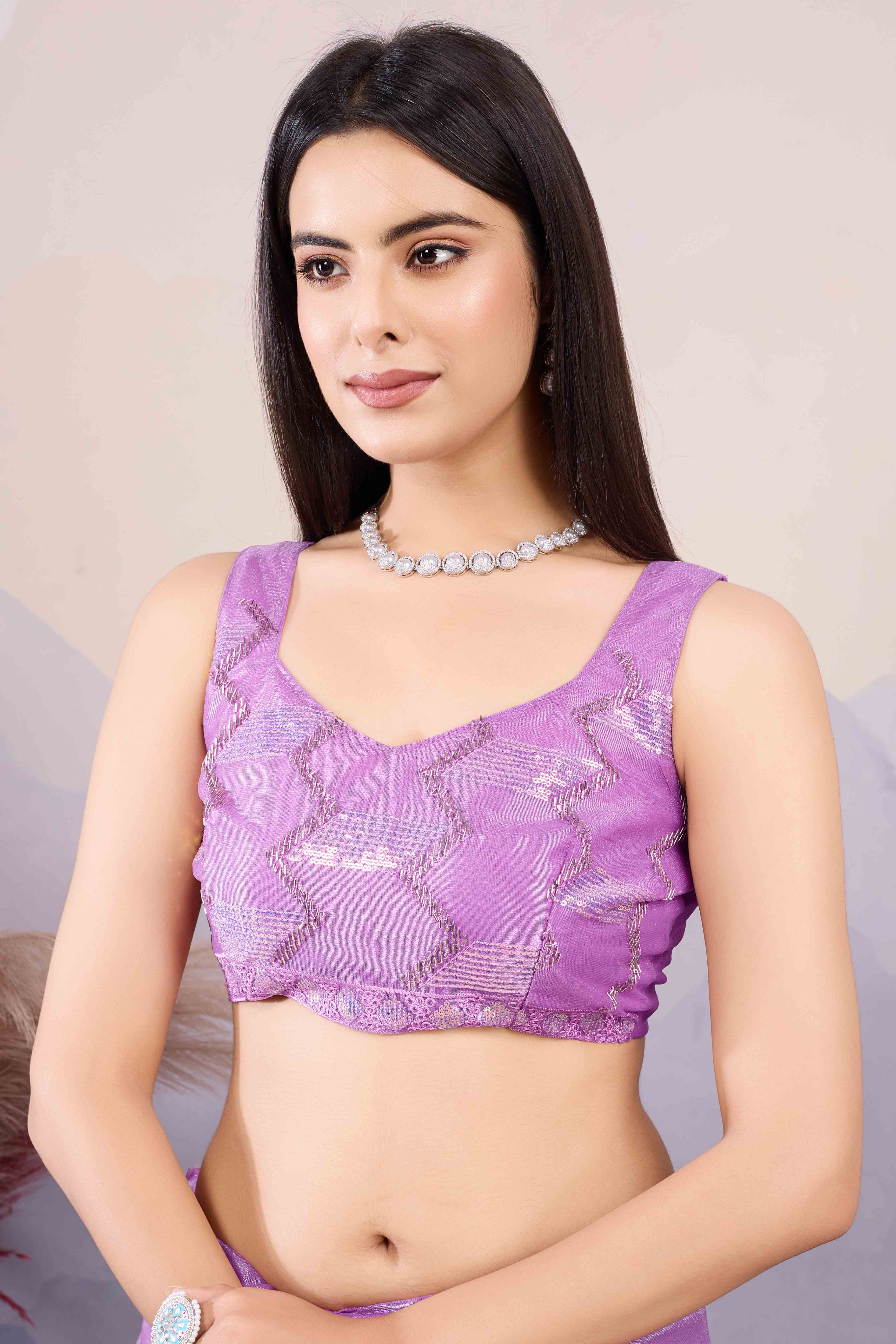 Purple Sequins Embroidered Twill Net Saree