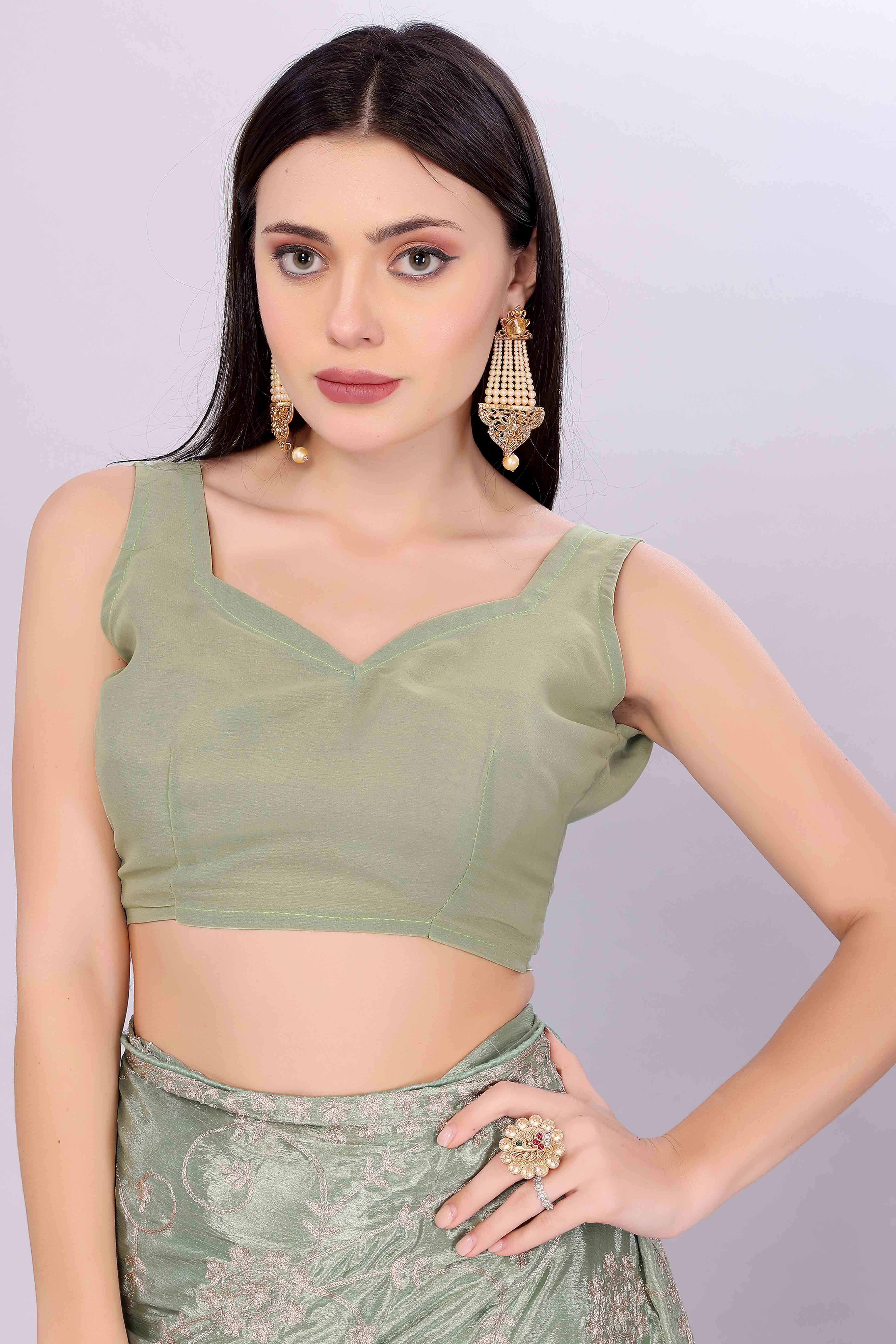 Sage Green Chinon Silk Saree Adorned With Fine Floral Thread Work