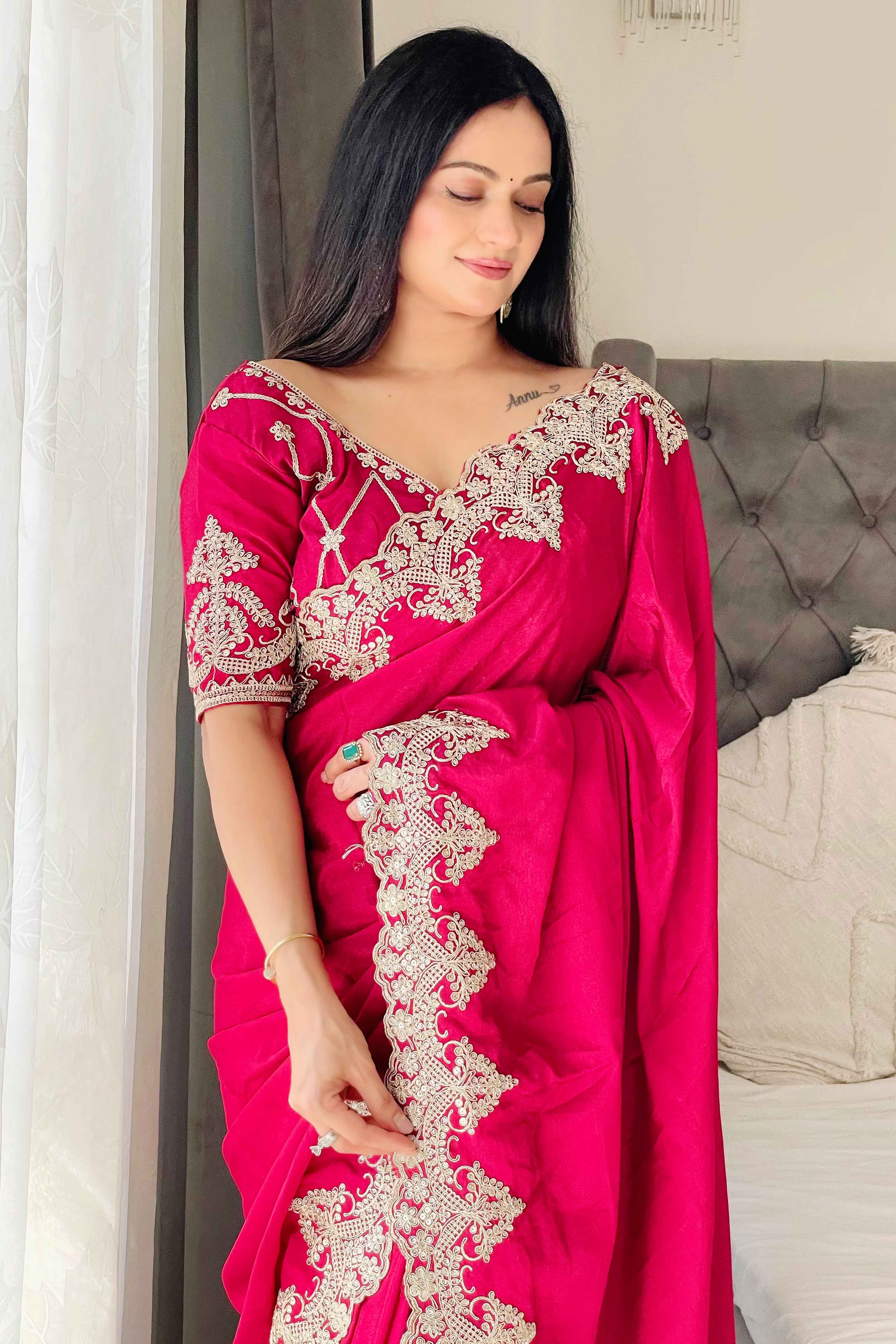 Pink Chinon Silk Blend Saree With Intricate Sequins & Cording Embroidery