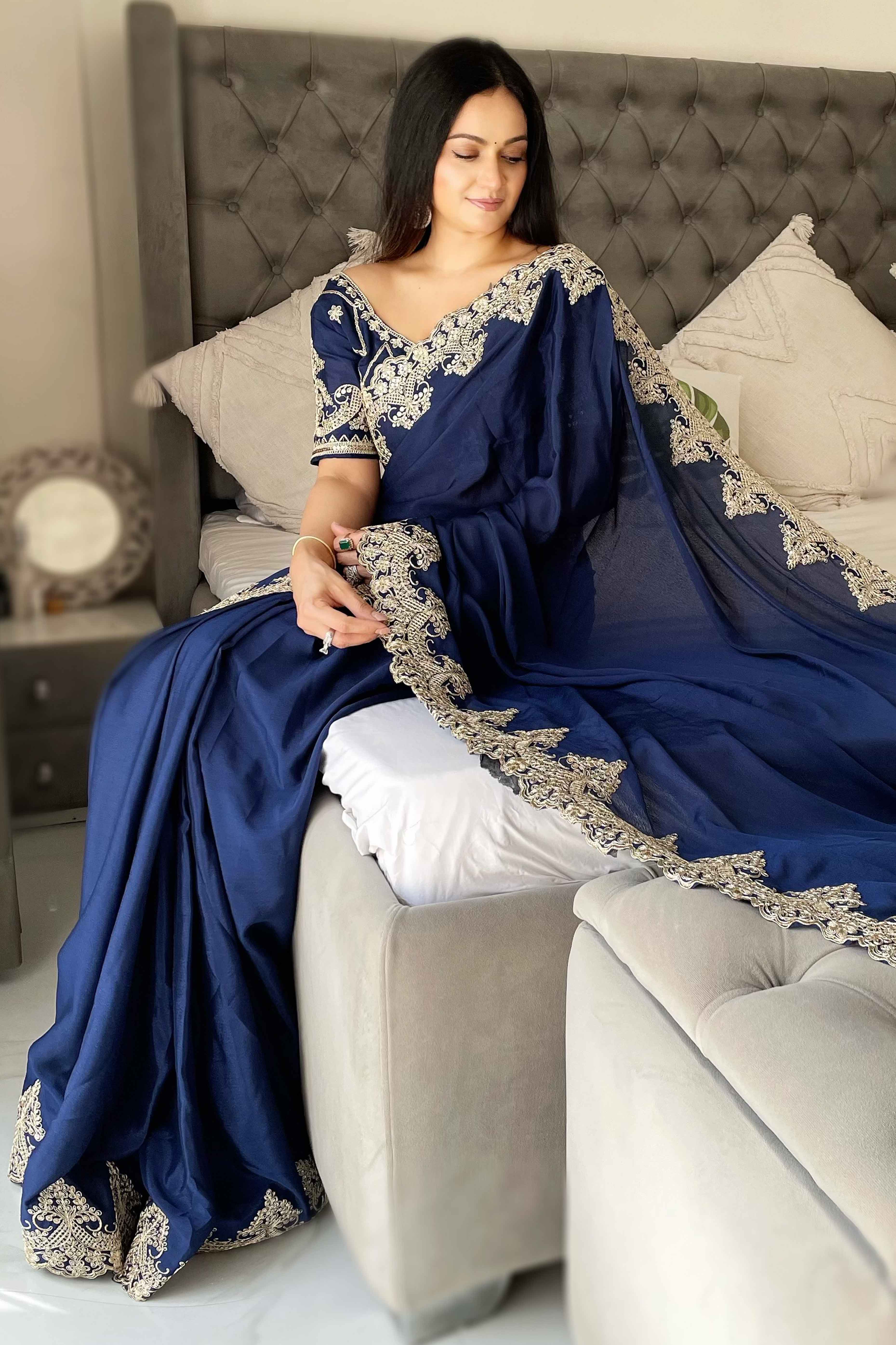 Navy Blue Chinon Silk Blend Saree With Intricate Sequins & Cording Embroidery