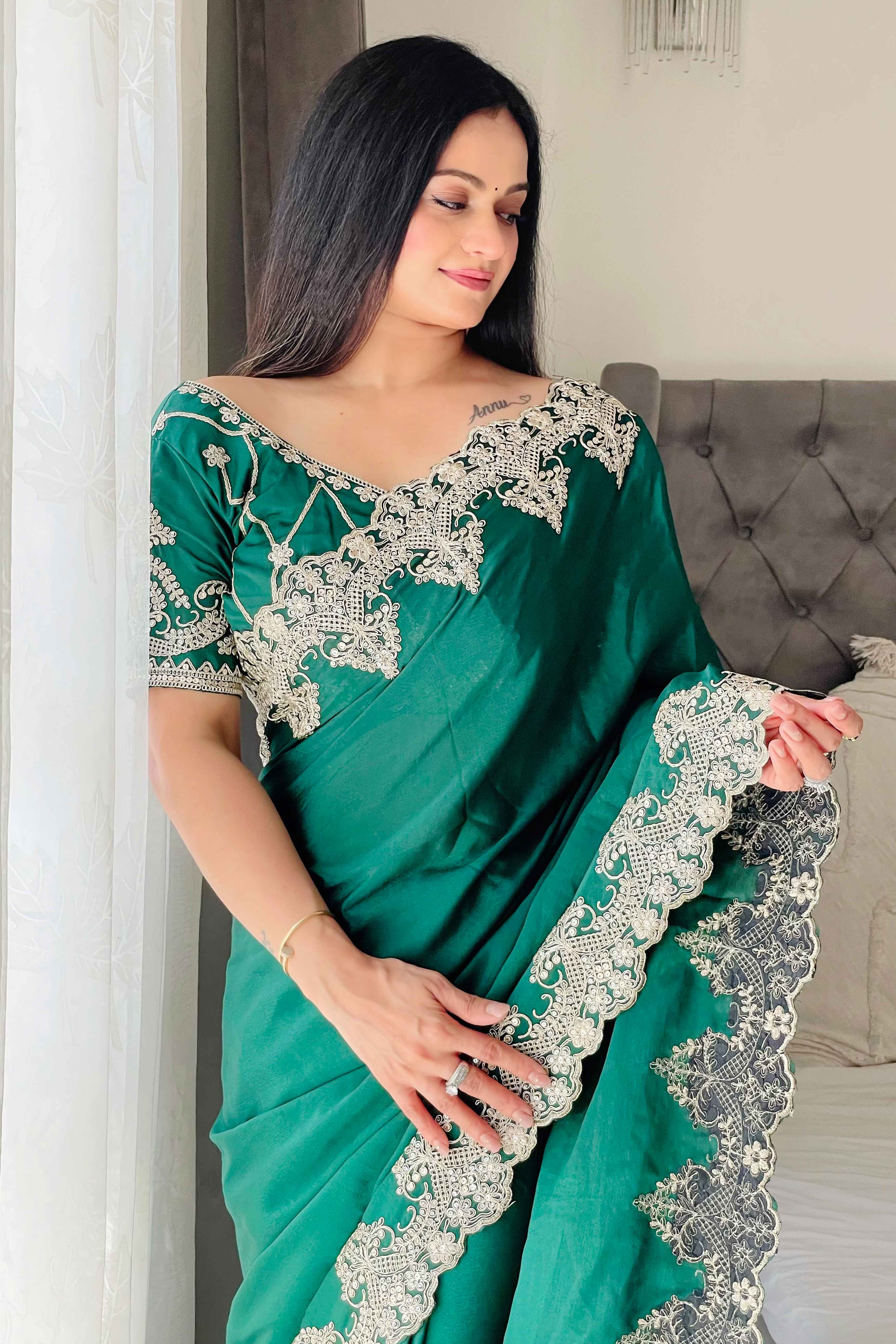 Green Chinon Silk Blend Saree With Intricate Sequins & Cording Embroidery