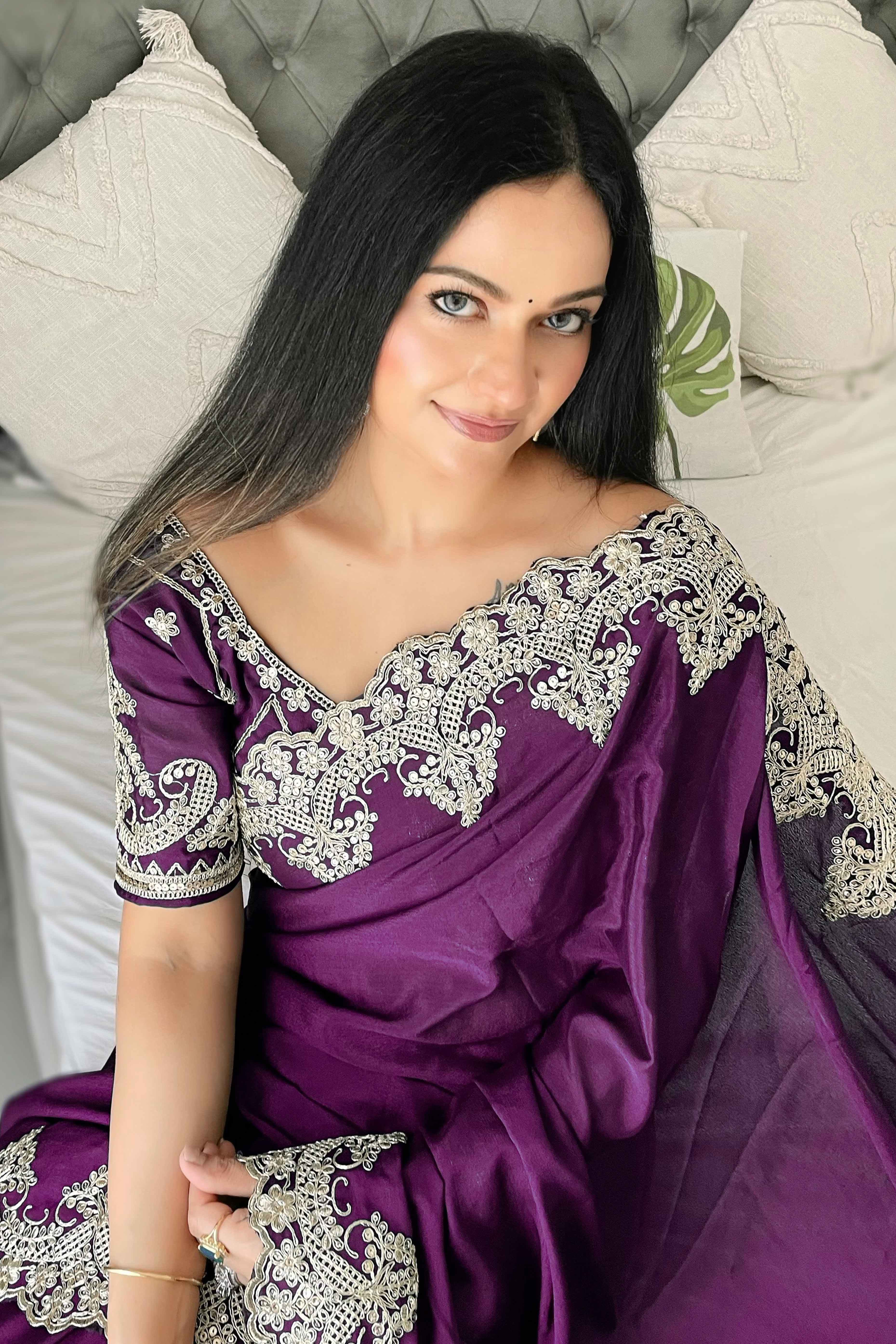 Wine Chinon Silk Blend Saree With Intricate Sequins & Cording Embroidery