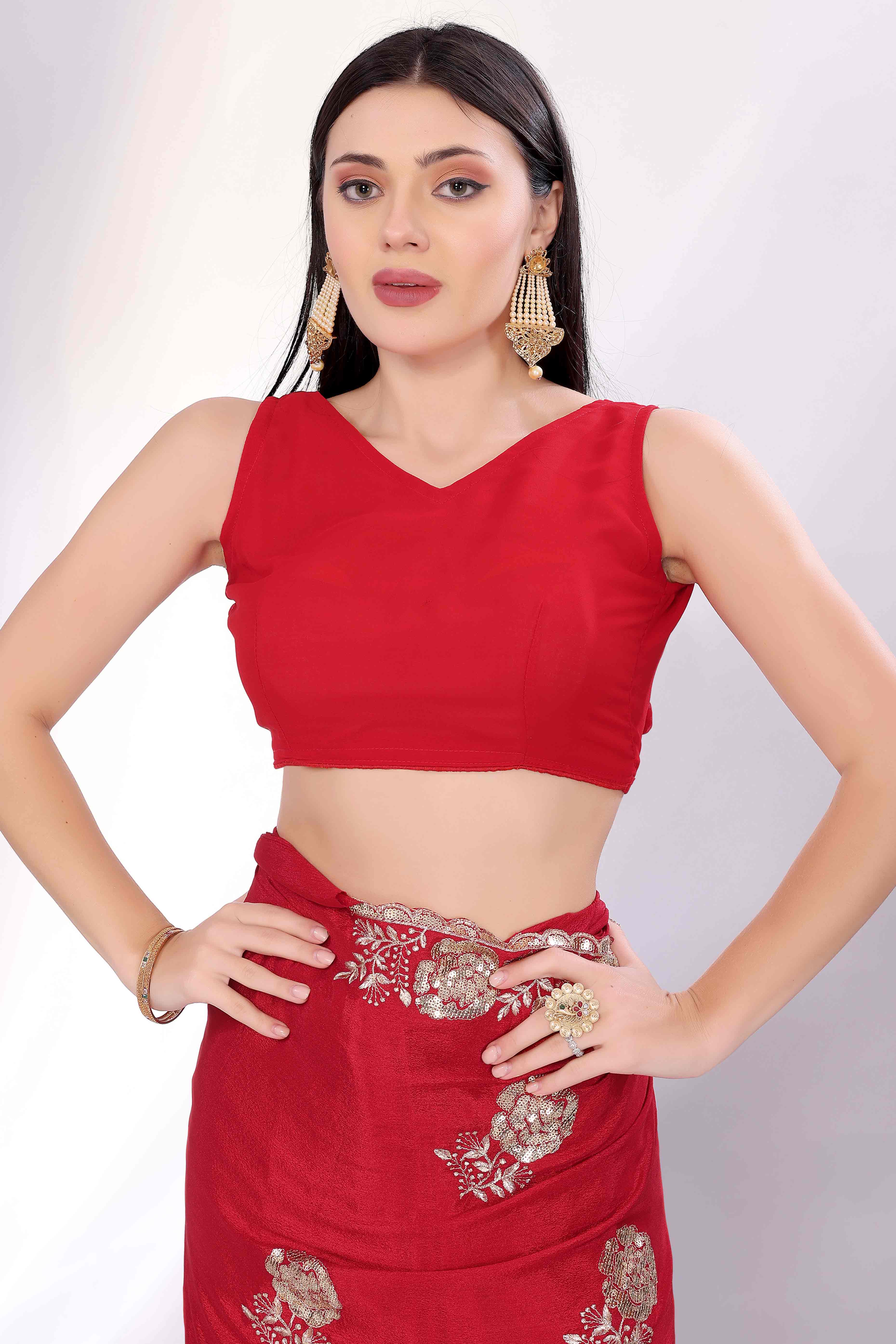 Cherry Red Saree Featuring Intricate Floral Embroidery With Sequins On Chinon Silk