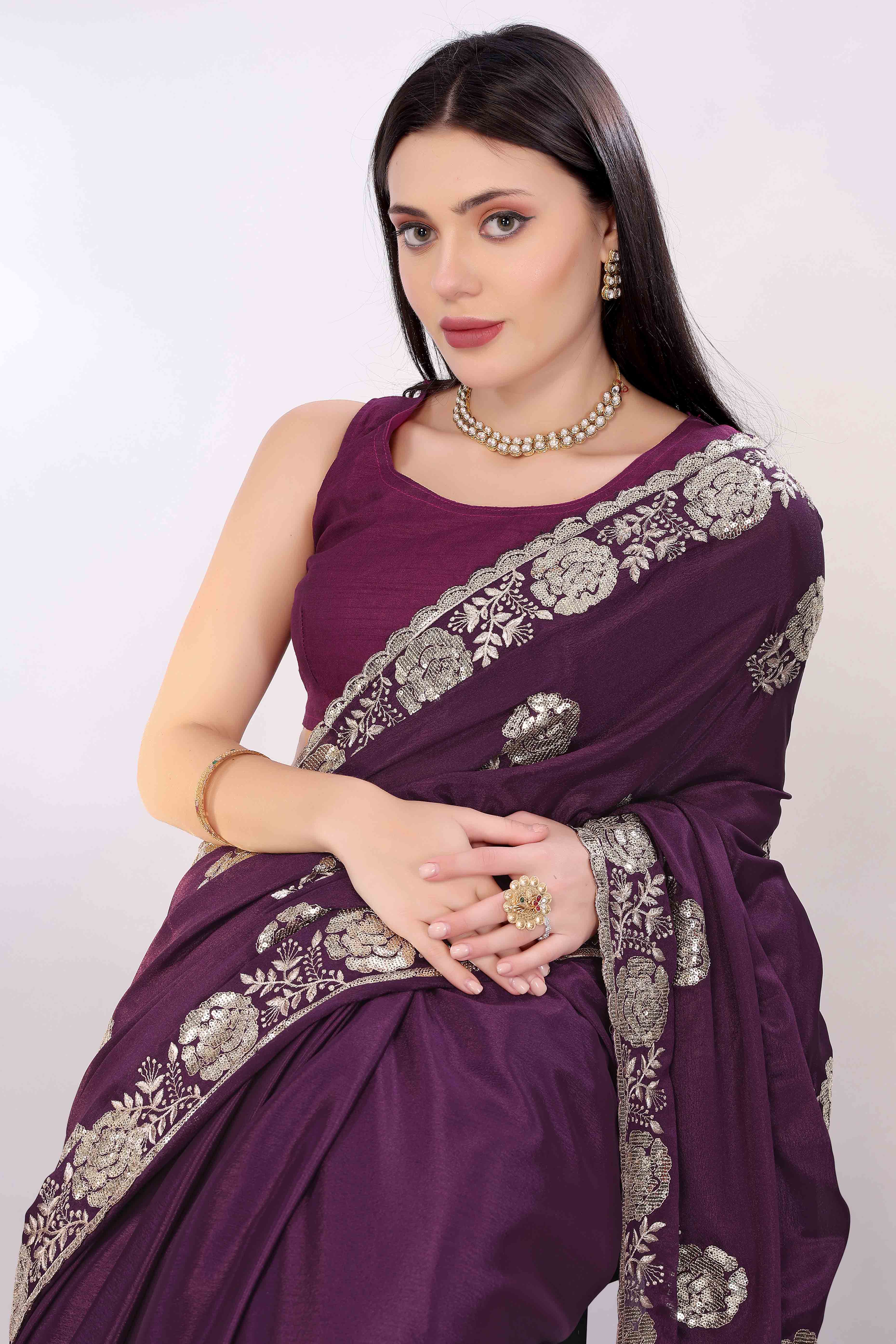 Wine Saree Featuring Intricate Floral Embroidery With Sequins On Chinon Silk