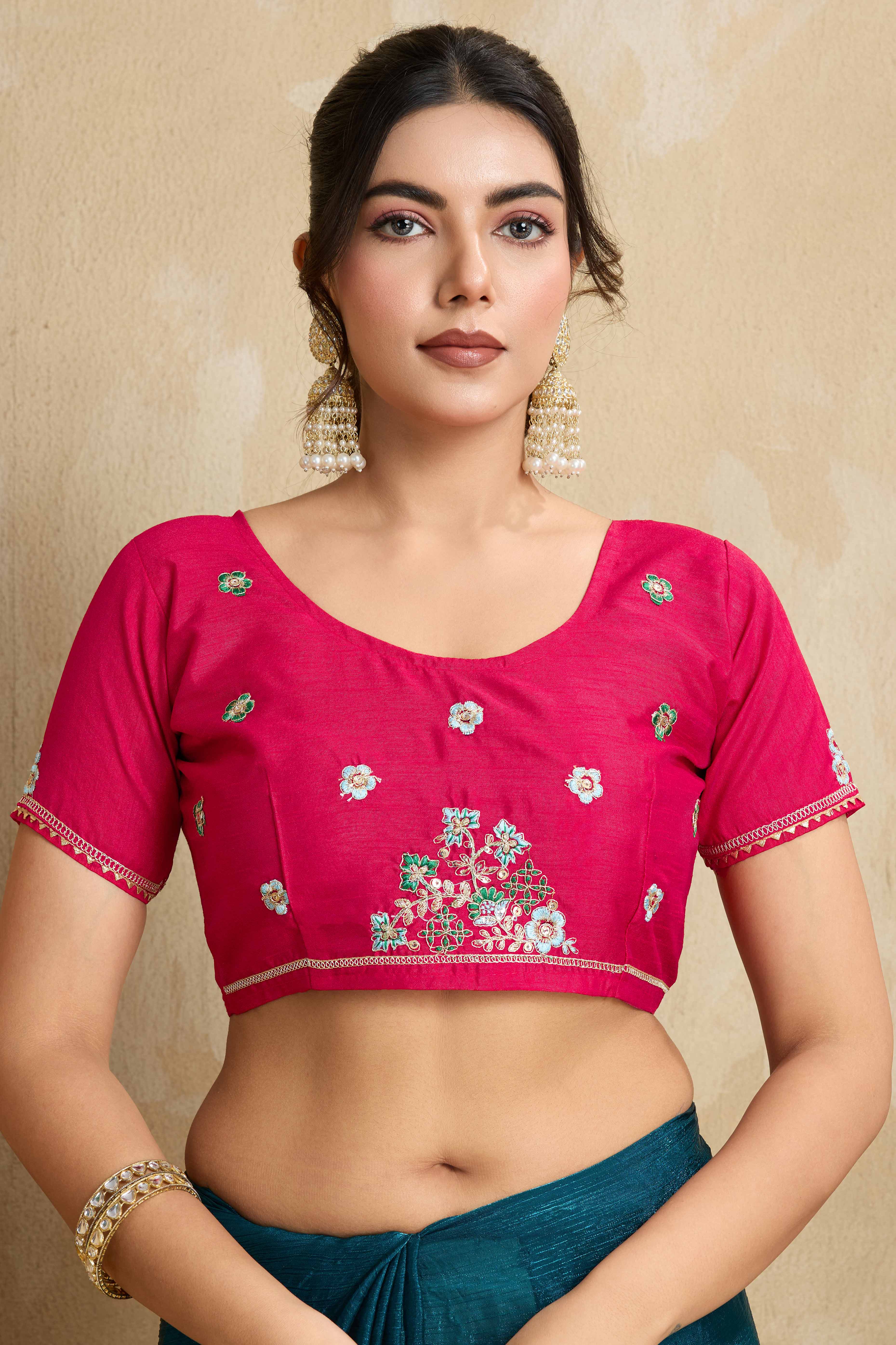 Luxe Frendy Chiffon Saree in Bold Teal with Delicate Floral Embroidery