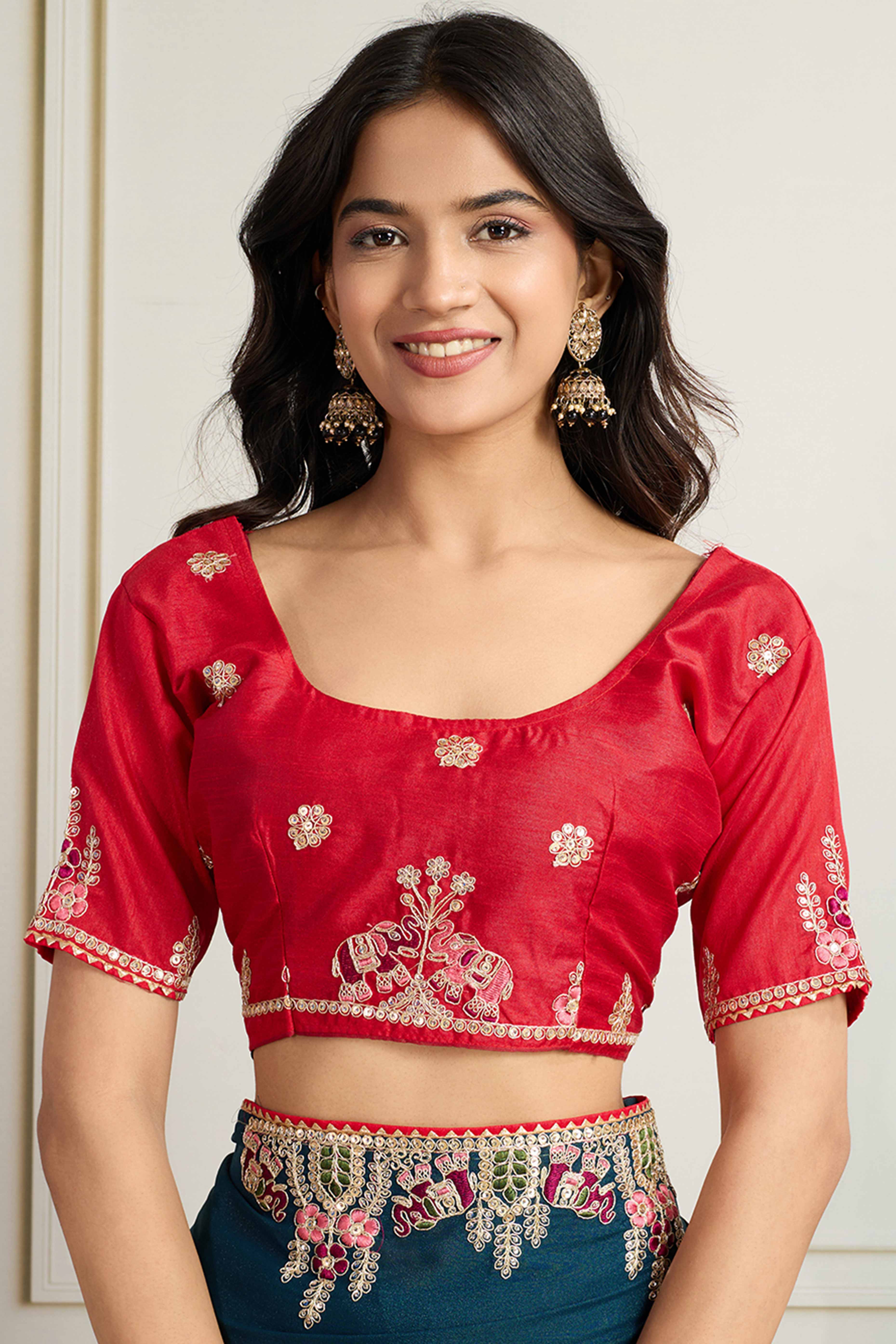 Dark Teal Blue Georgette Saree Featuring Floral Cording Embroidery & Shimmering Sequins Work