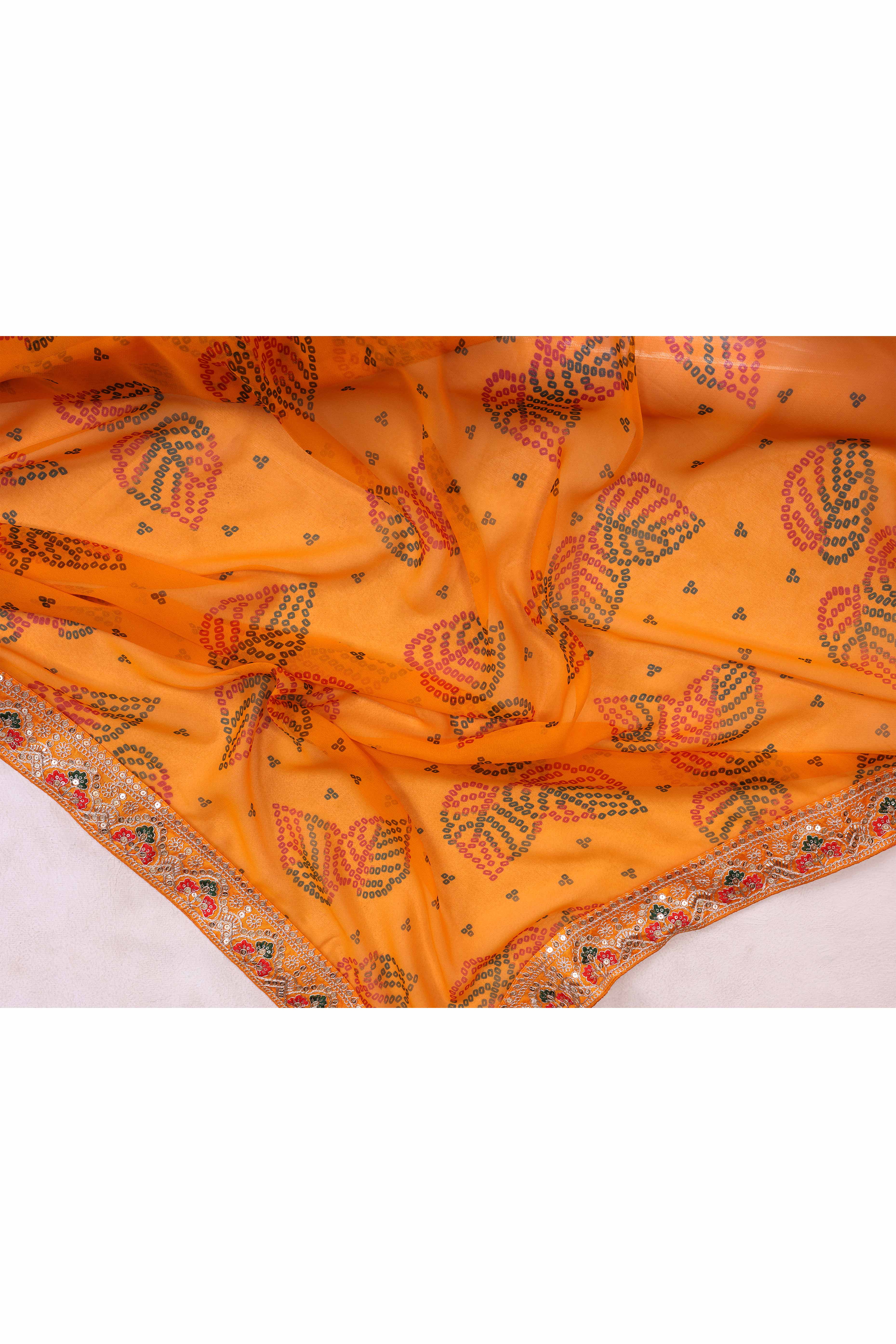 Mustard Georgette Saree with Traditional Bandhani Print and Lace Accents