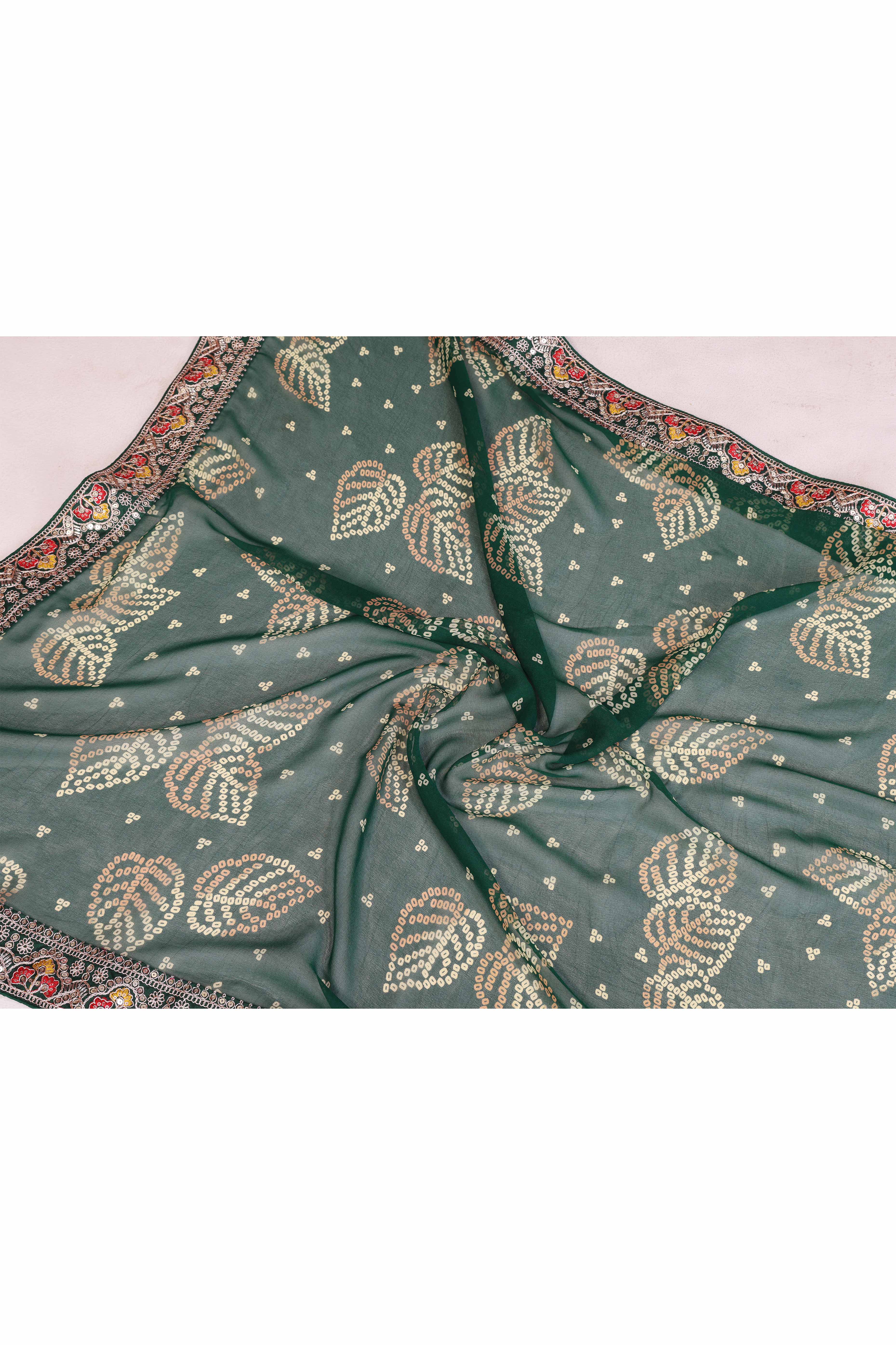 Dark Green Georgette Saree with Traditional Bandhani Print and Lace Accents