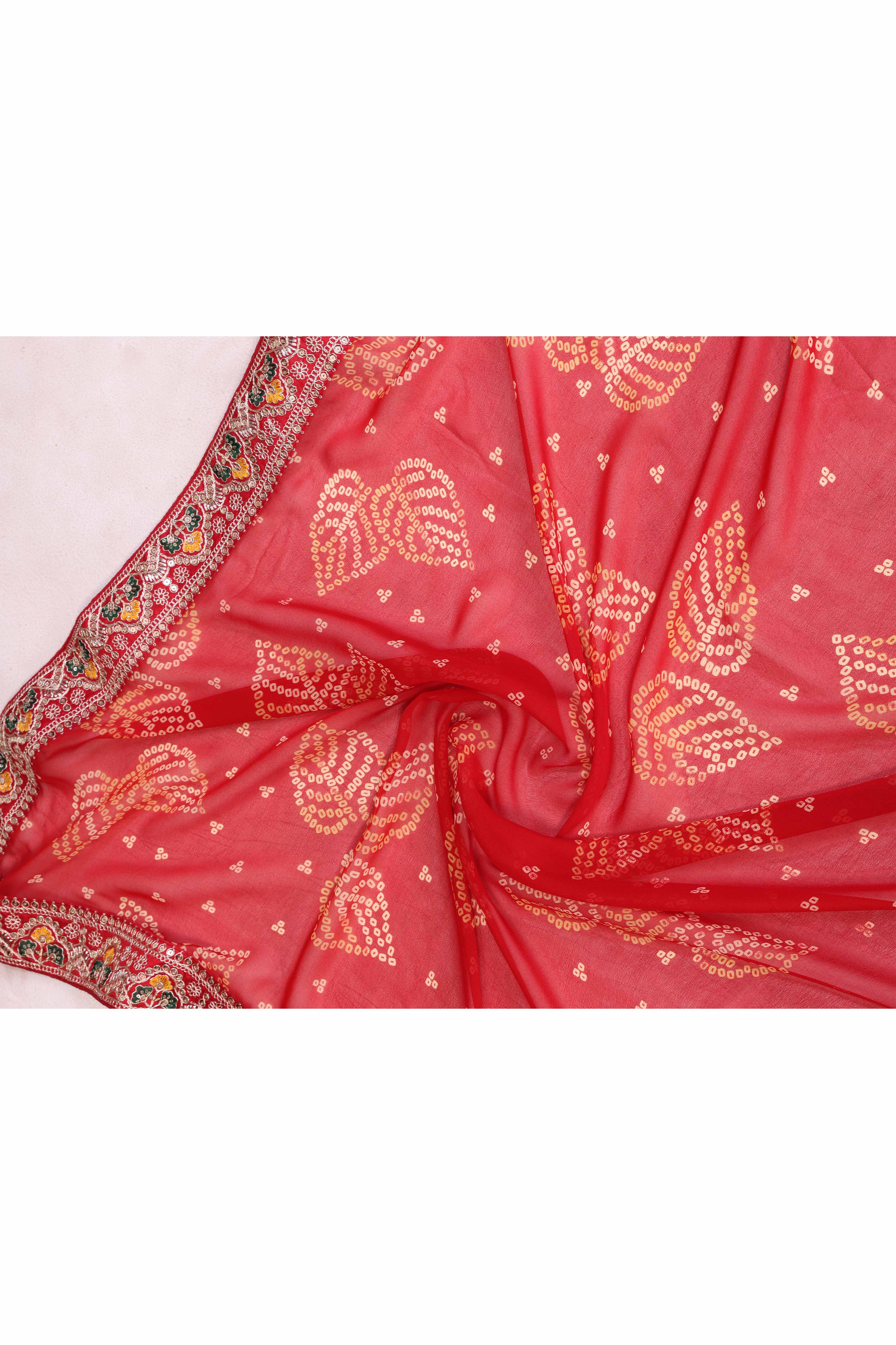 Red Georgette Saree with Traditional Bandhani Print and Lace Accents