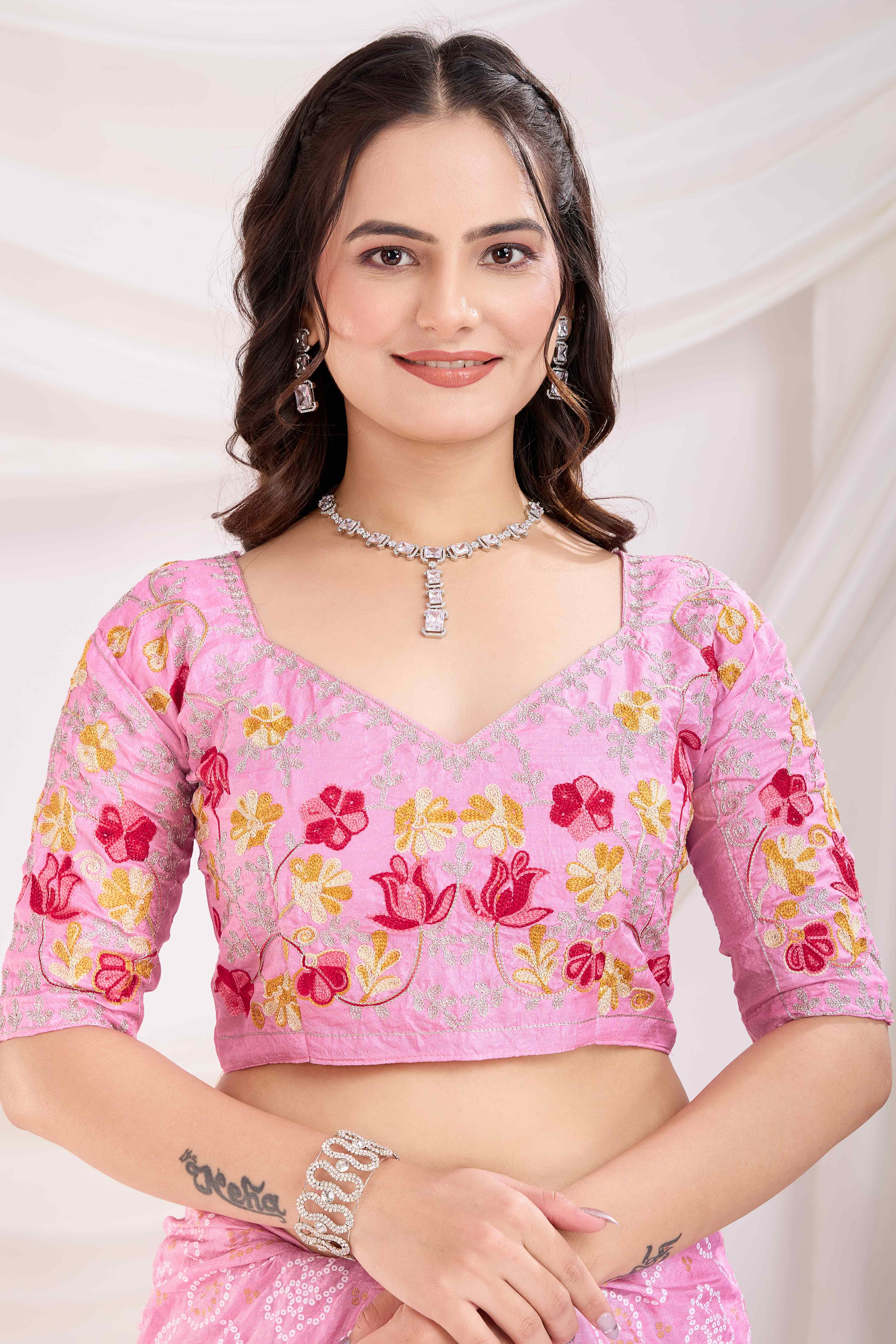 Pink Bandhani Printed Vichitra Silk Saree With Embroidery Border