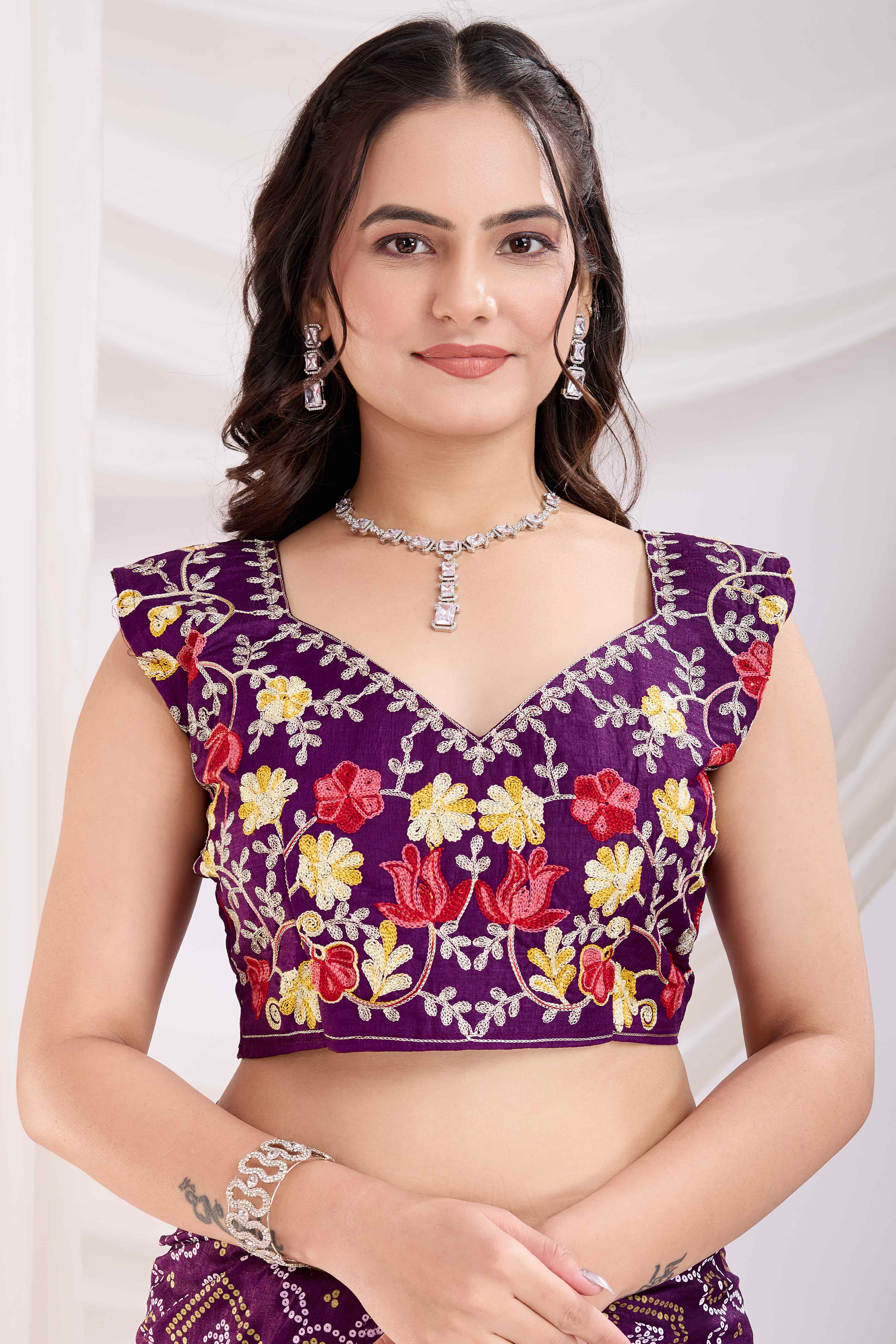 Wine Bandhani Printed Vichitra Silk Saree With Embroidery Border